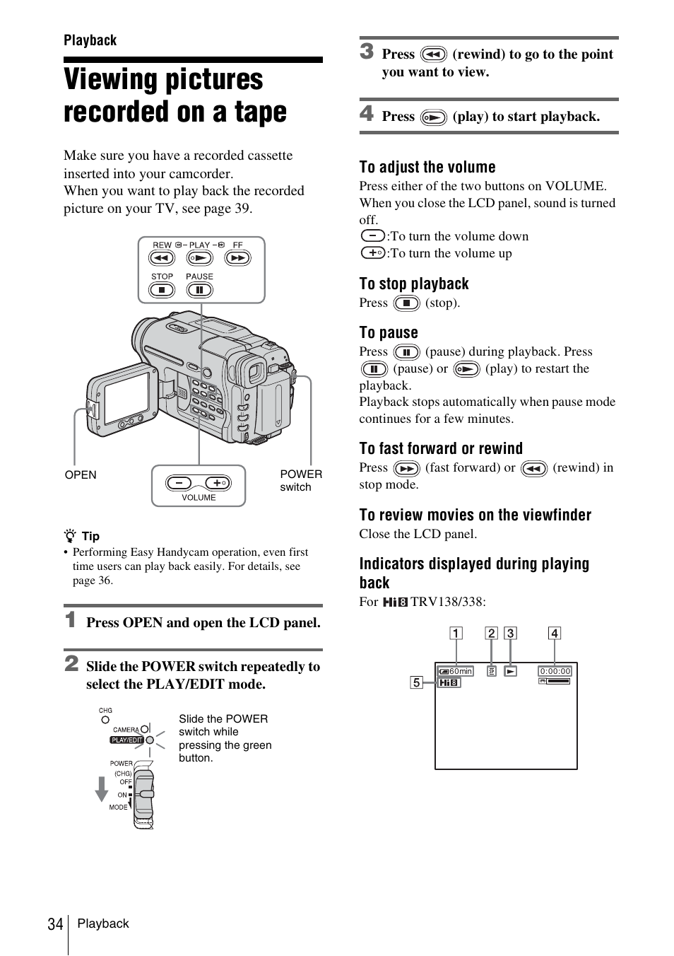 Playback, Viewing pictures recorded on a tape | Sony CCD-TRV338 User Manual | Page 34 / 112