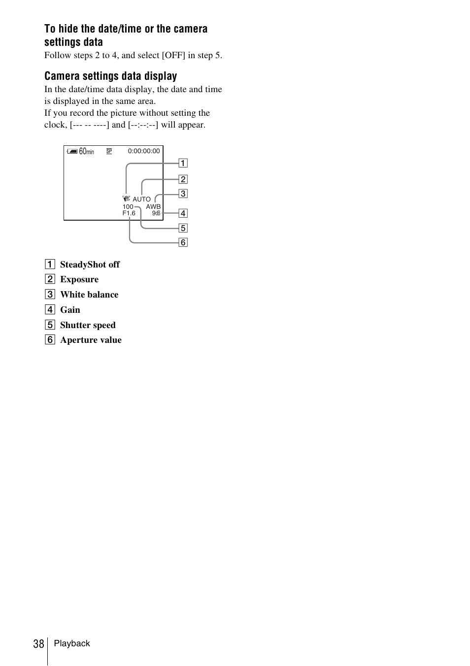 Camera settings data display | Sony CCD-TRV338 User Manual | Page 38 / 112