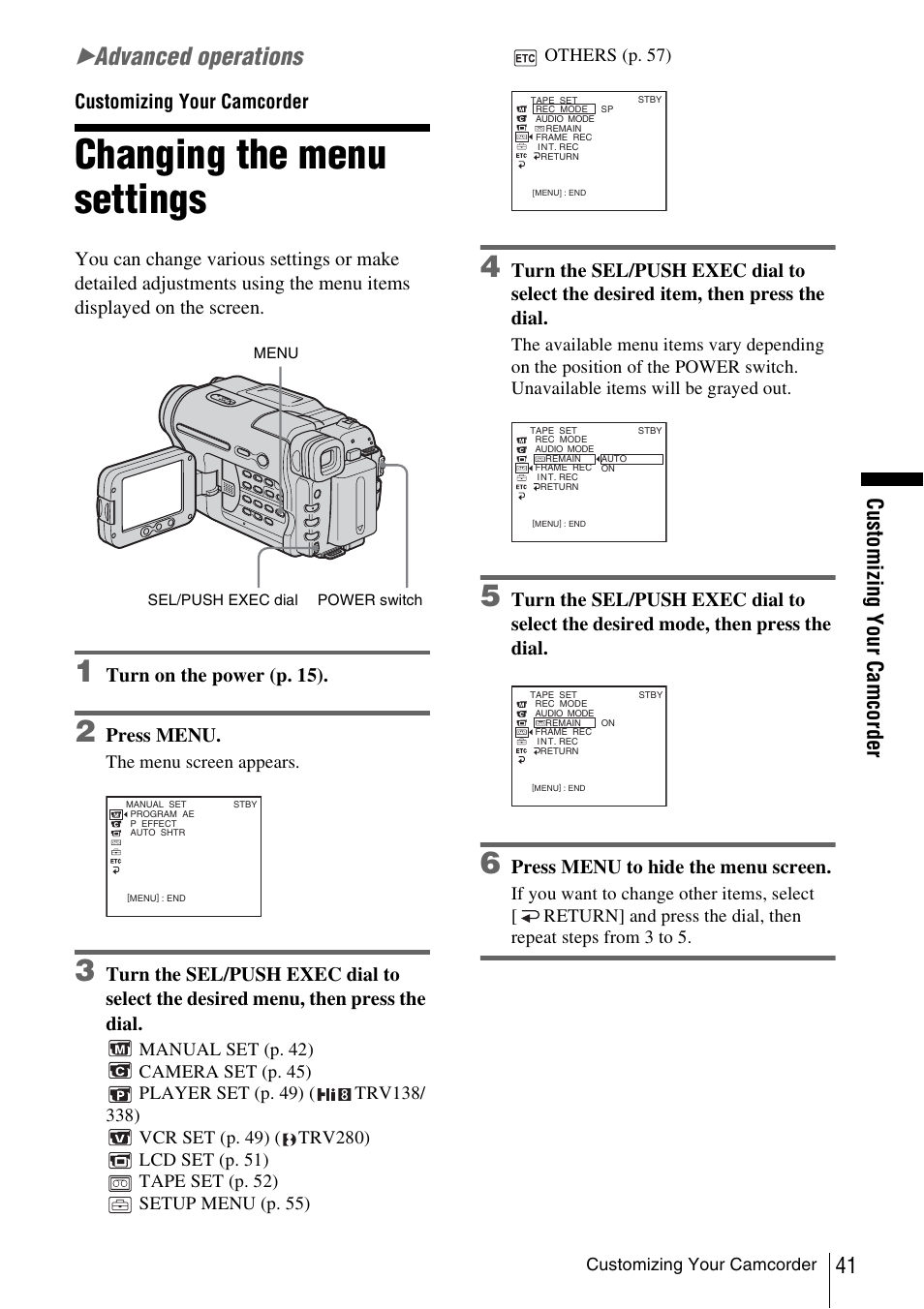 Customizing your camcorder, Changing the menu settings, Advanced operations | Cust om iz ing yo ur ca mcord er | Sony CCD-TRV338 User Manual | Page 41 / 112