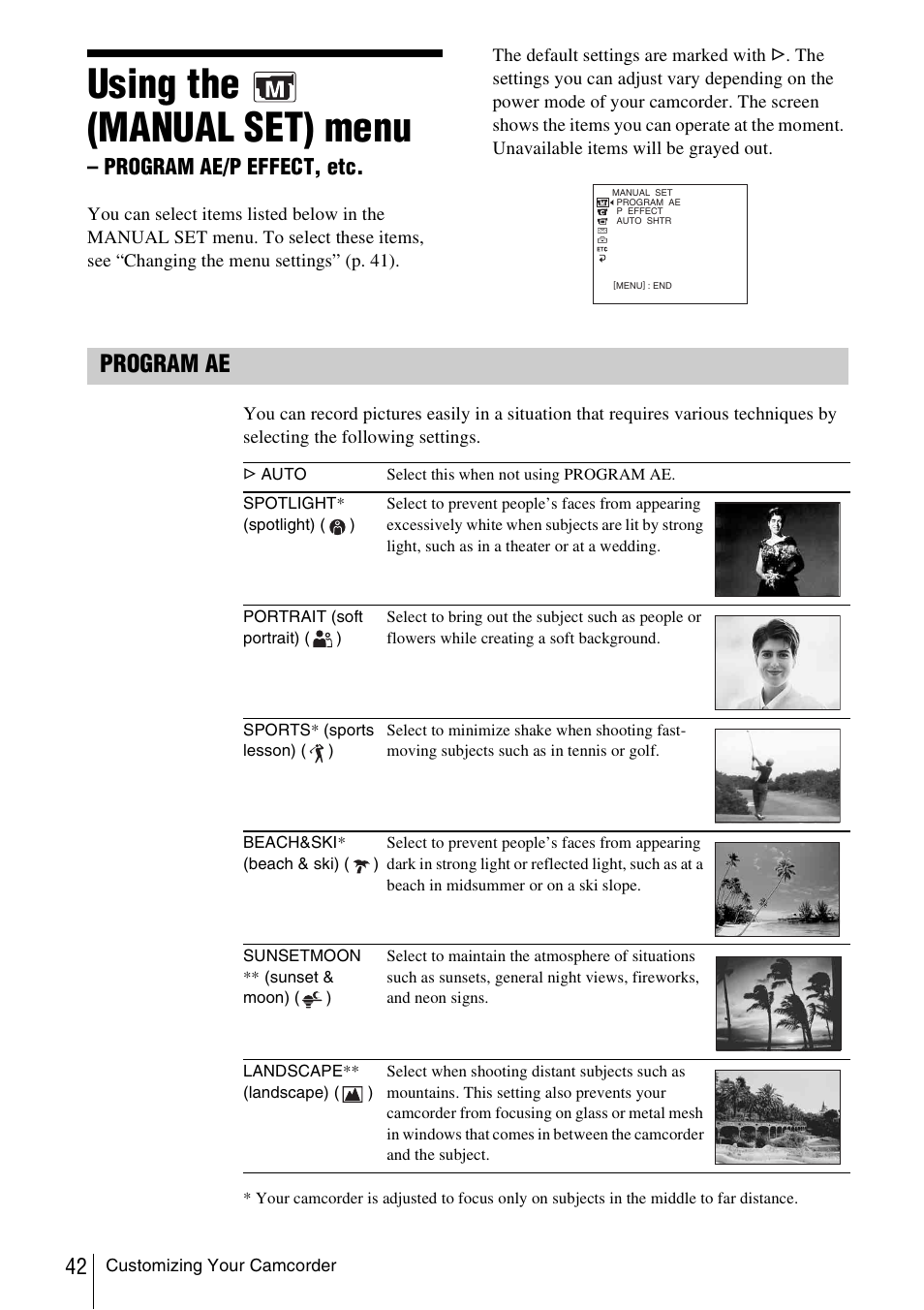 Using the, Manual set) menu, Program ae/p effect, etc | T (p. 42), Using the (manual set) menu, Program ae | Sony CCD-TRV338 User Manual | Page 42 / 112