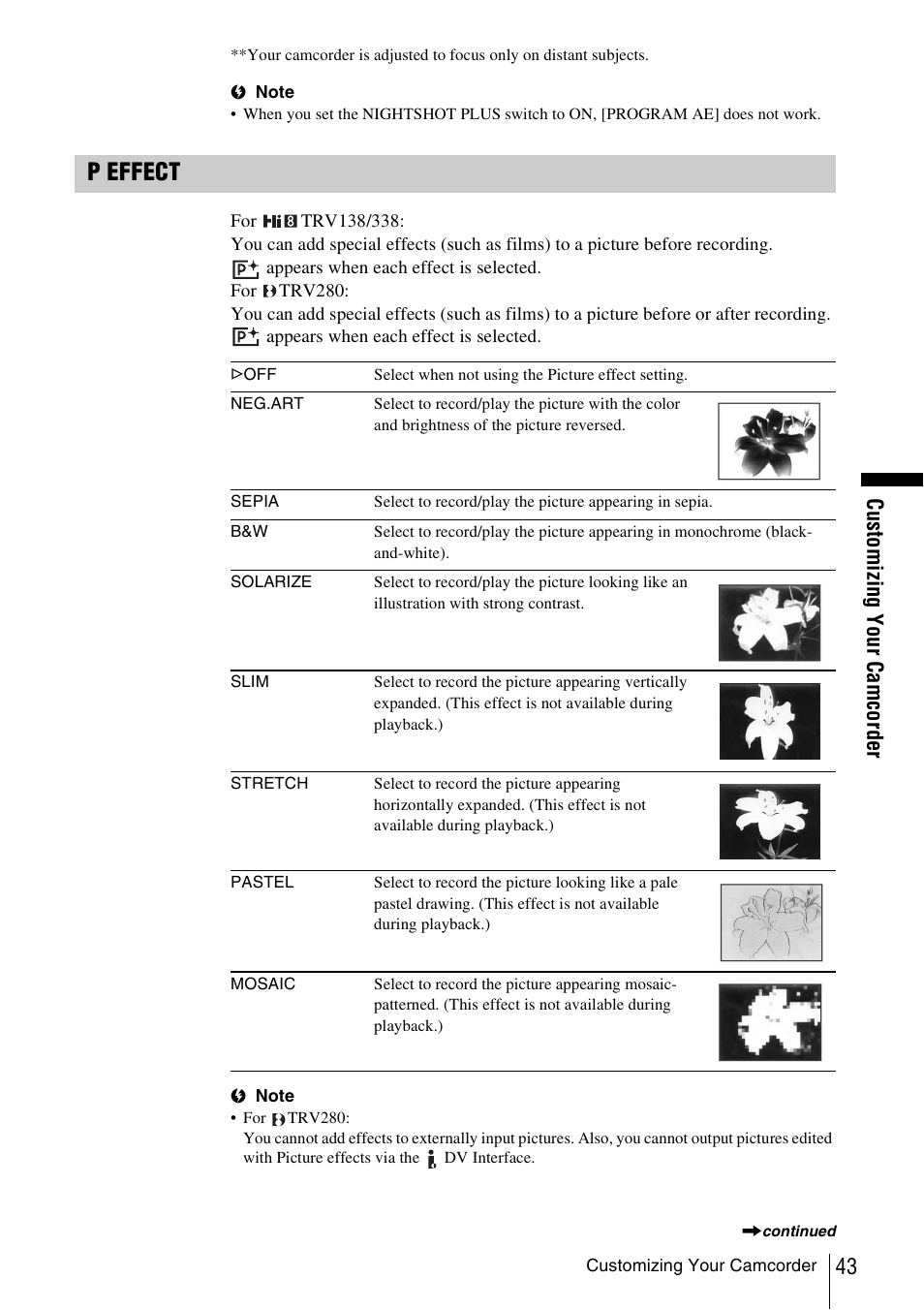 P effect, Cust om iz ing yo ur ca mcord er | Sony CCD-TRV338 User Manual | Page 43 / 112