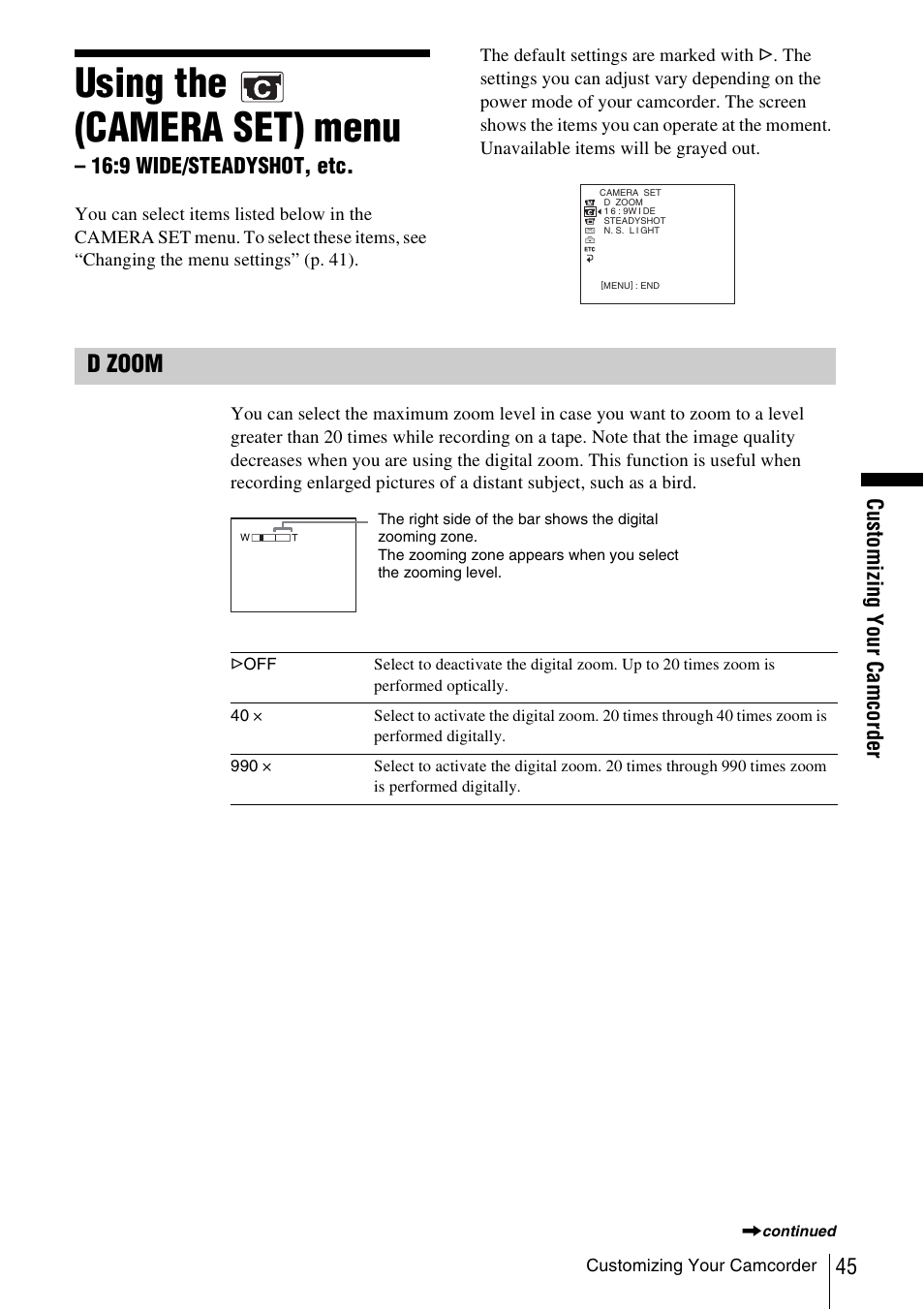 Using the, Camera set) menu, 9 wide/steadyshot, etc | P. 45), Using the (camera set) menu | Sony CCD-TRV338 User Manual | Page 45 / 112