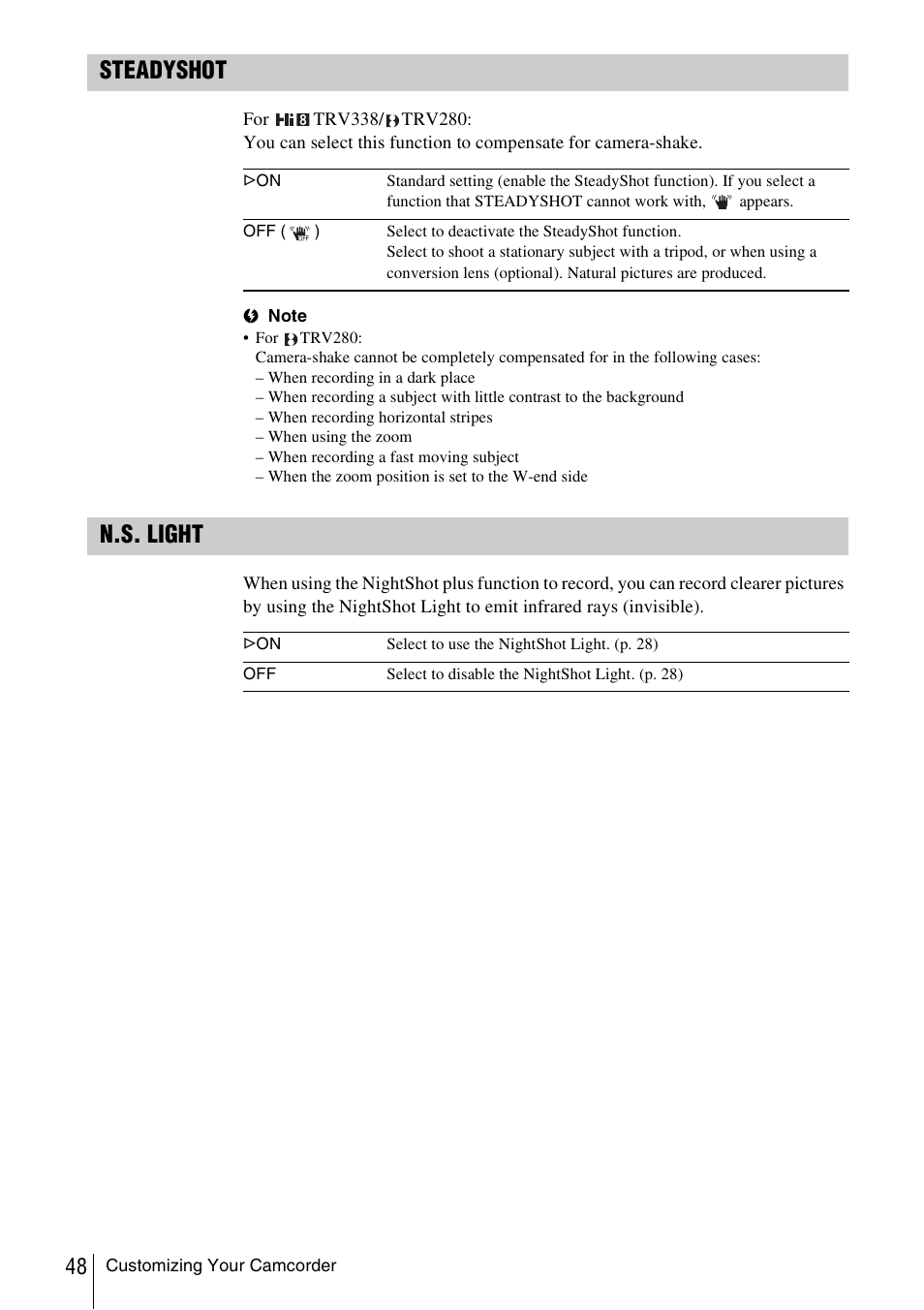 Steadyshot, N.s. light | Sony CCD-TRV338 User Manual | Page 48 / 112