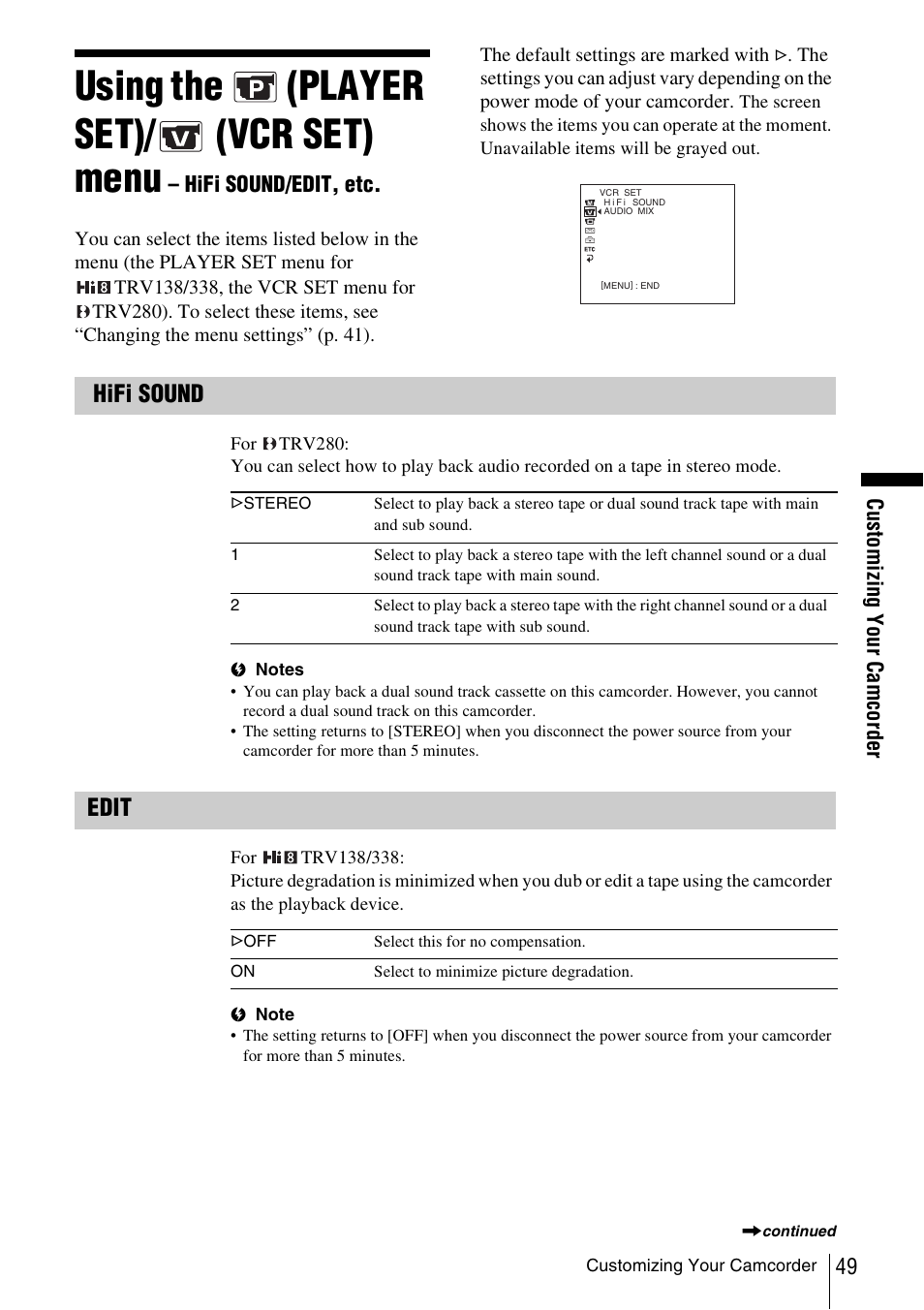 Using the, Player set), Set) menu | Hifi sound/edit, R set (p. 49), P. 49), Using the (player set)/ (vcr set) menu, Hifi sound, Edit | Sony CCD-TRV338 User Manual | Page 49 / 112