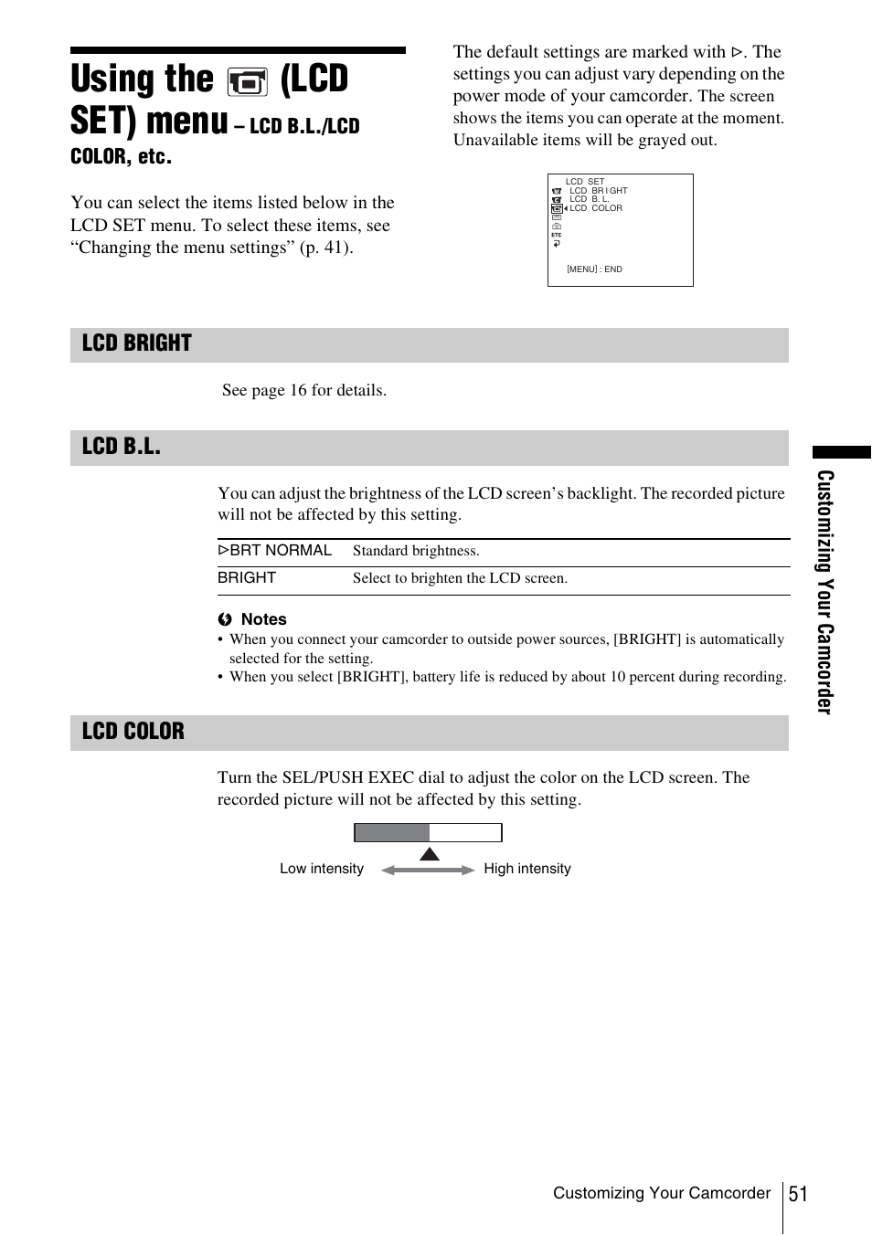 Using the (lcd set) menu – lcd b.l./lcd color, etc, Using the, Lcd set) menu | Lcd b.l./lcd color, etc, T (p. 51), Using the (lcd set) menu, Lcd bright, Lcd b.l, Lcd color | Sony CCD-TRV338 User Manual | Page 51 / 112