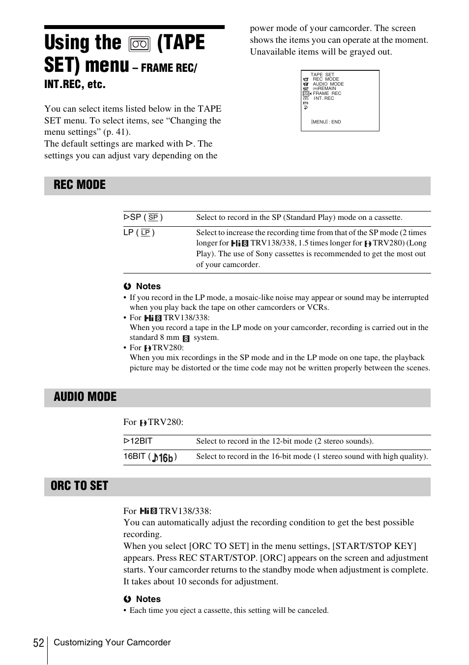 Using the, Tape set) menu, Frame rec/int.rec, etc | Et (p. 52), Using the (tape set) menu, Rec mode, Audio mode, Orc to set | Sony CCD-TRV338 User Manual | Page 52 / 112