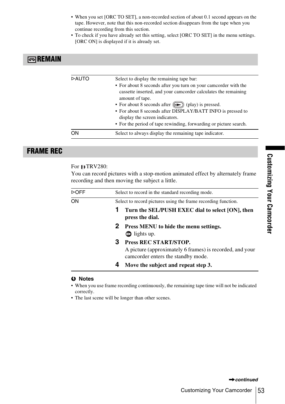 Remain frame rec, Cust om iz ing yo ur ca mcord er | Sony CCD-TRV338 User Manual | Page 53 / 112