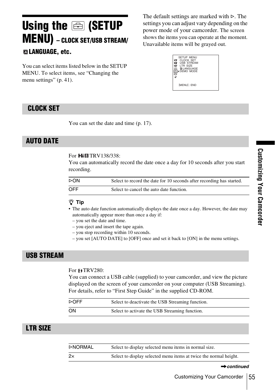 Using the, Setup menu), Clock set/usb stream | Language, etc, Nu (p. 55), Using the (setup menu), Clock set, Auto date, Usb stream, Ltr size | Sony CCD-TRV338 User Manual | Page 55 / 112