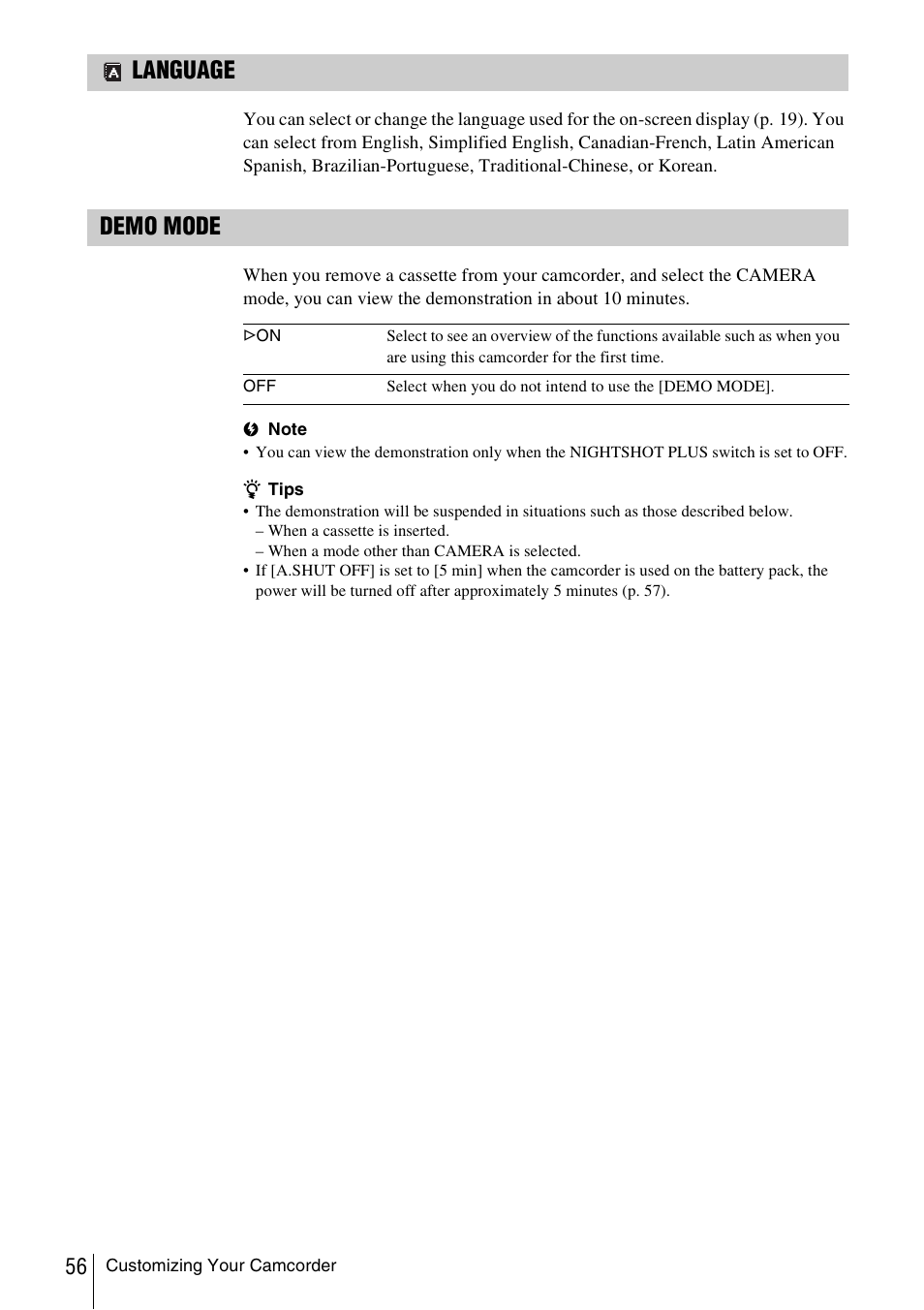 Language, Demo mode | Sony CCD-TRV338 User Manual | Page 56 / 112