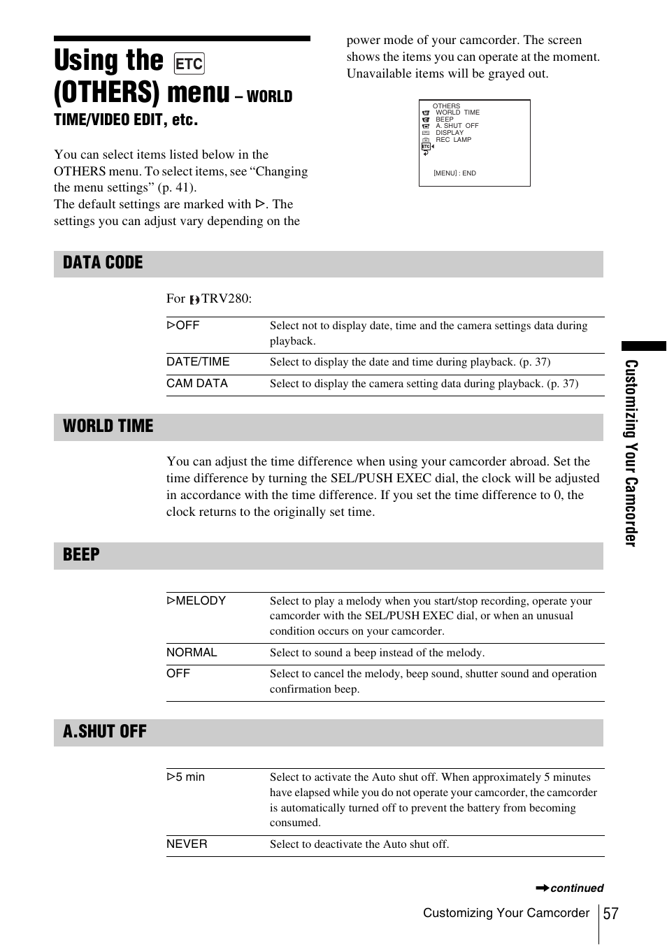 Using the, Others) menu, World time/video edit, etc | P. 57, N (p. 57), P. 57), Using the (others) menu, Data code, World time, Beep a.shut off | Sony CCD-TRV338 User Manual | Page 57 / 112