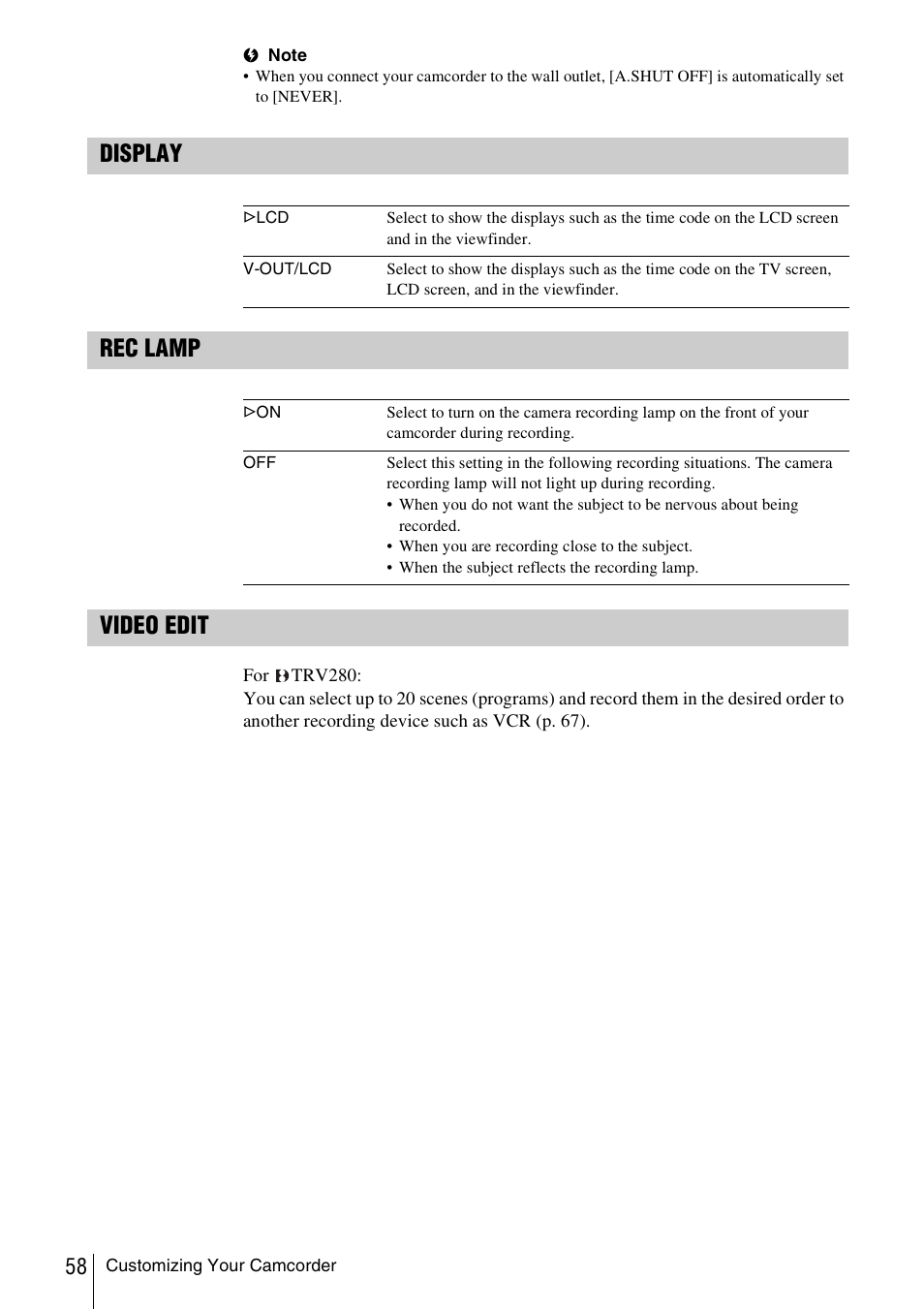Display rec lamp video edit | Sony CCD-TRV338 User Manual | Page 58 / 112