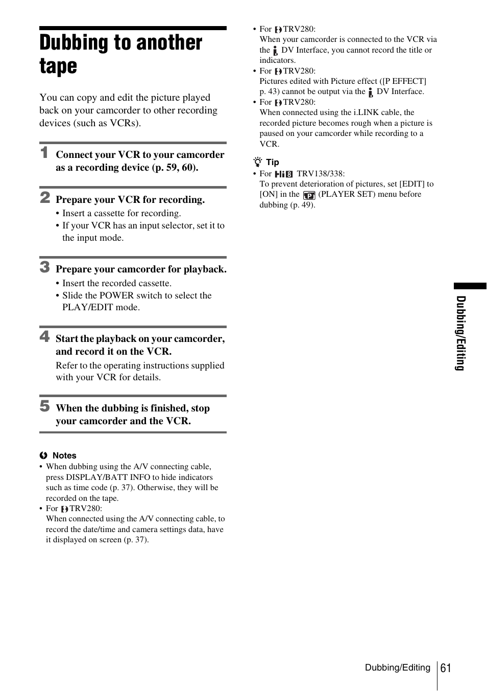 Dubbing to another tape | Sony CCD-TRV338 User Manual | Page 61 / 112