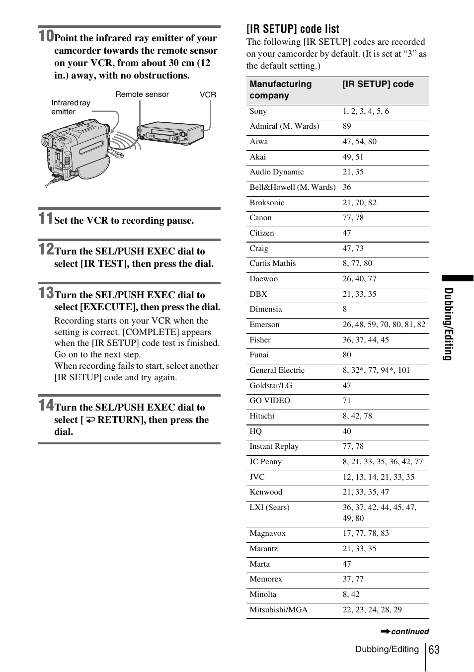 Du b b in g /e d itin g, Ir setup] code list | Sony CCD-TRV338 User Manual | Page 63 / 112