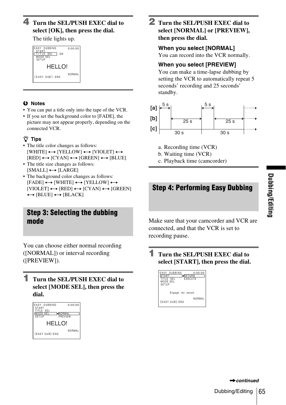 Step 3: selecting the dubbing mode, Step 4: performing easy dubbing, Du b b in g /e d itin g | The title lights up, Hello | Sony CCD-TRV338 User Manual | Page 65 / 112