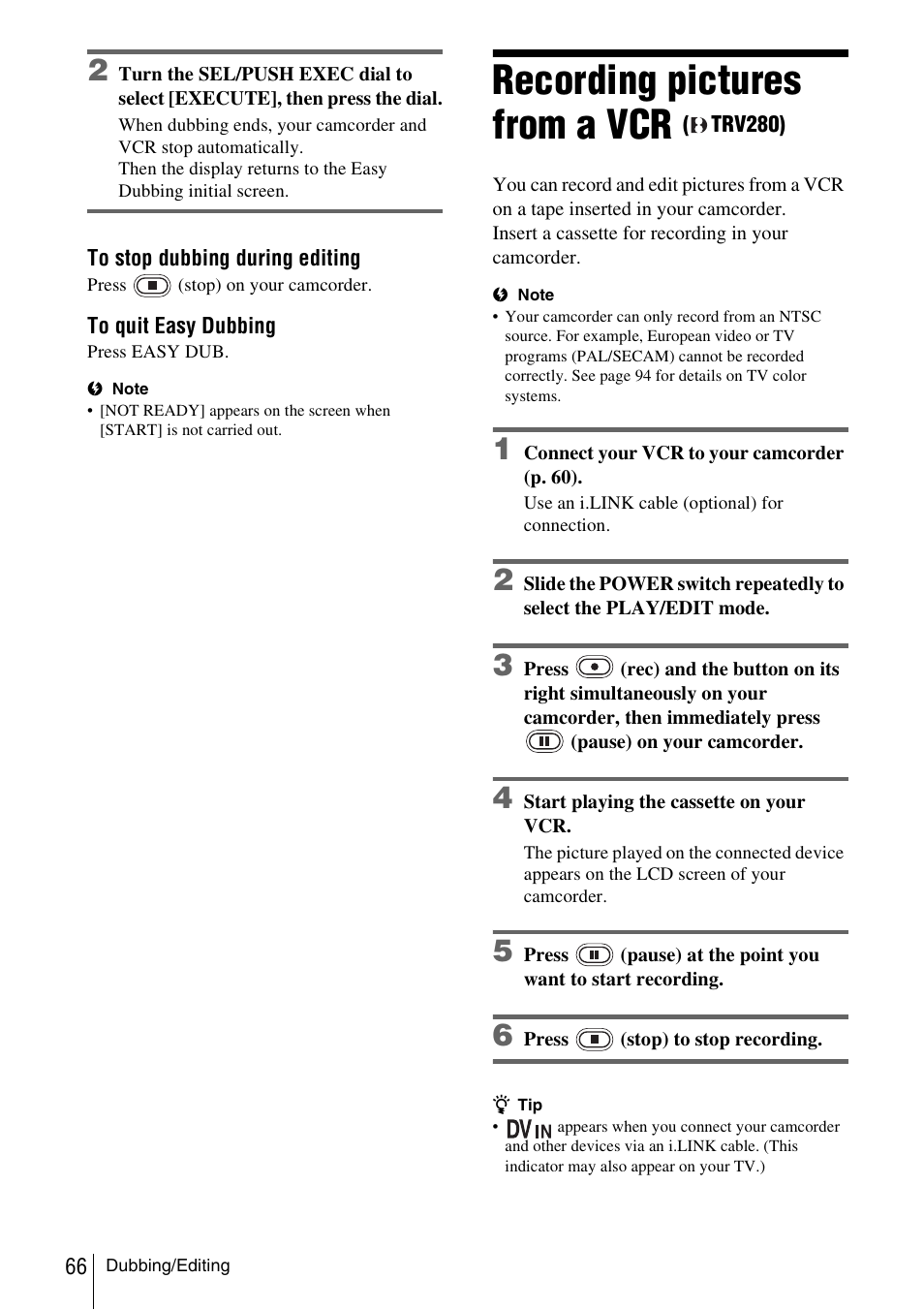 Recording pictures from a vcr (trv280), Recording pictures from a vcr, Trv280) | Sony CCD-TRV338 User Manual | Page 66 / 112