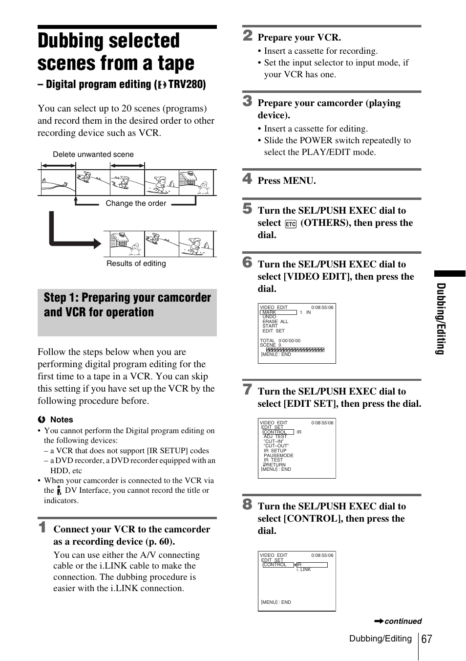 Dubbing selected scenes from a tape, Digital program editing, Trv280) | Sony CCD-TRV338 User Manual | Page 67 / 112