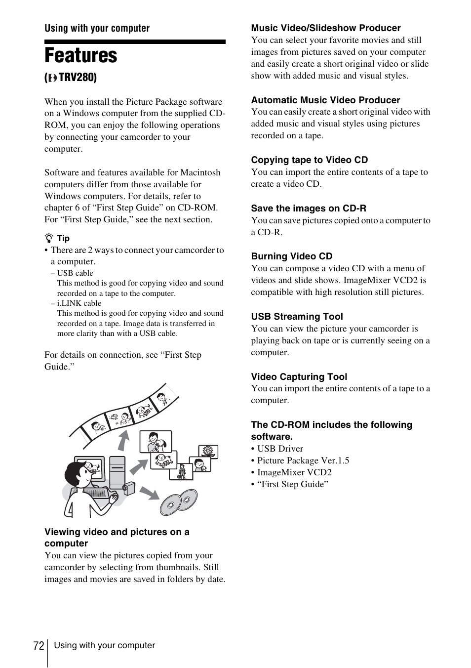 Using with your computer, Features (trv280), Features | Trv280) | Sony CCD-TRV338 User Manual | Page 72 / 112
