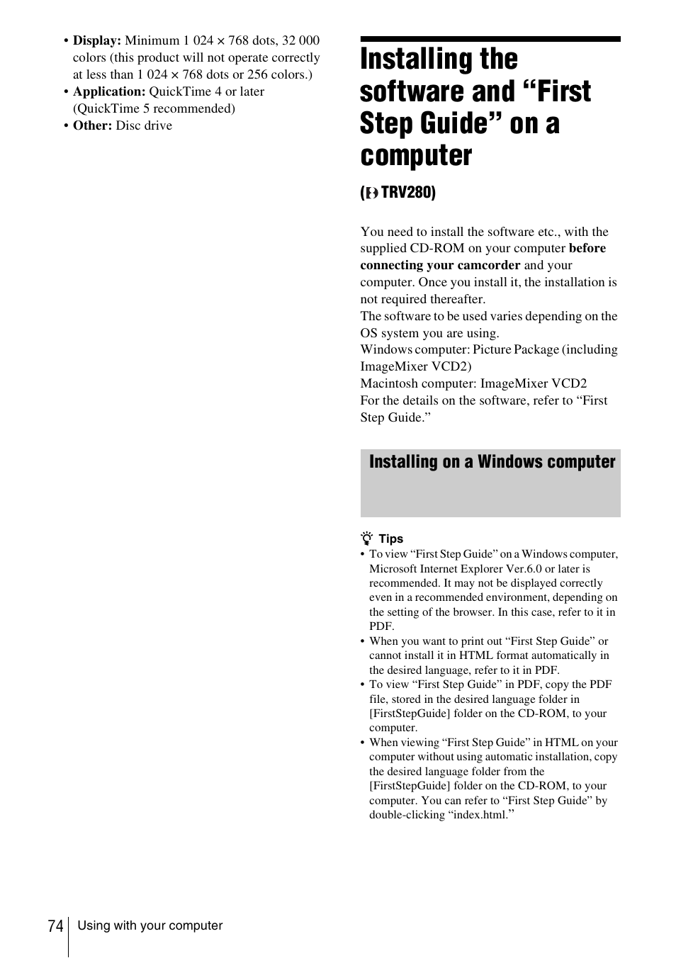 Installing the software and “first step, Guide” on a computer, Trv280) | Installing on a windows computer | Sony CCD-TRV338 User Manual | Page 74 / 112