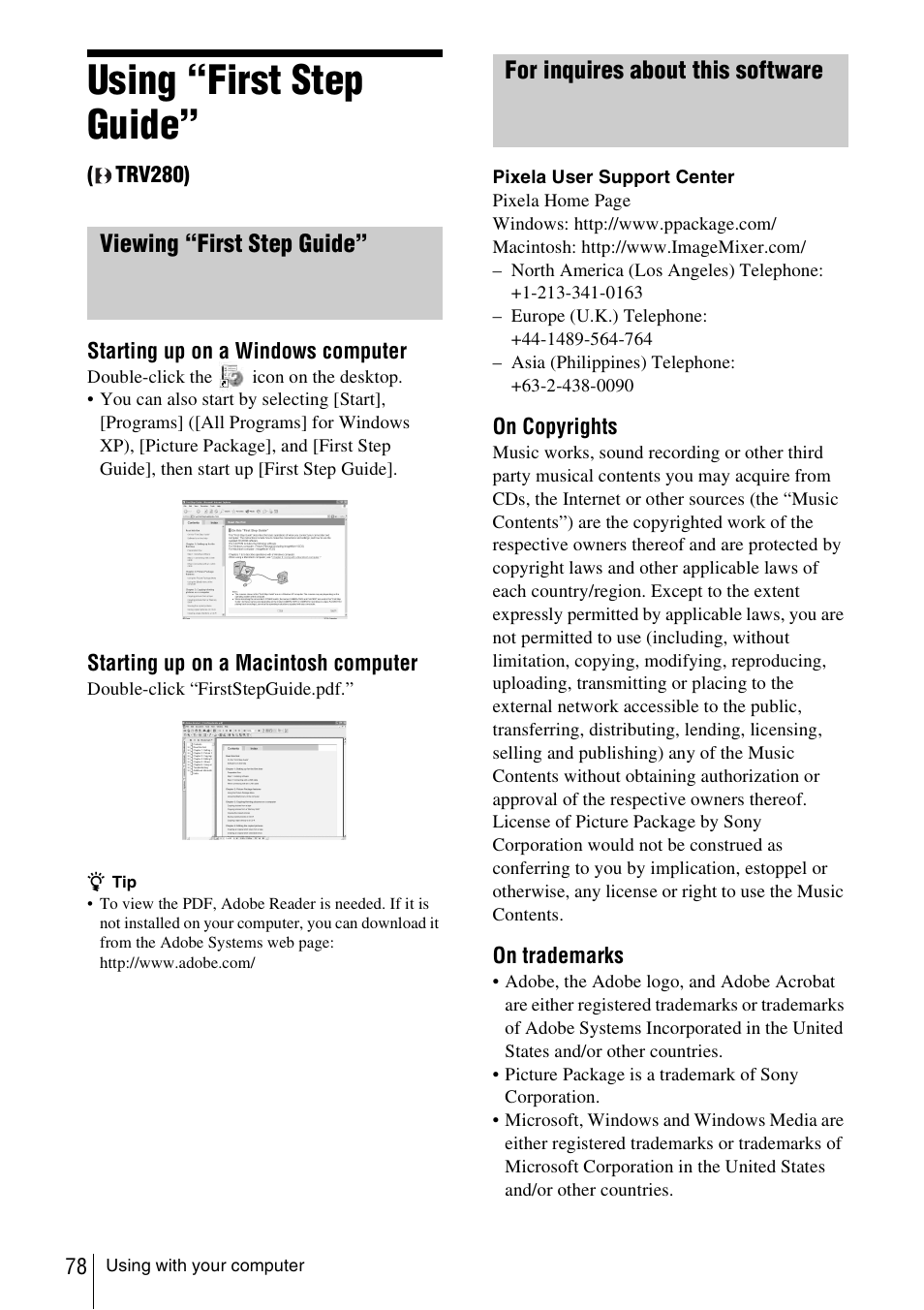Using “first step guide” (trv280), Using “first step guide, Trv280) | Viewing “first step guide, For inquires about this software | Sony CCD-TRV338 User Manual | Page 78 / 112