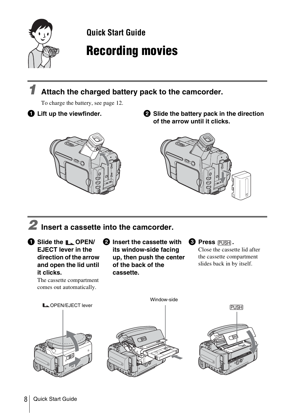 Quick start guide, Recording movies | Sony CCD-TRV338 User Manual | Page 8 / 112