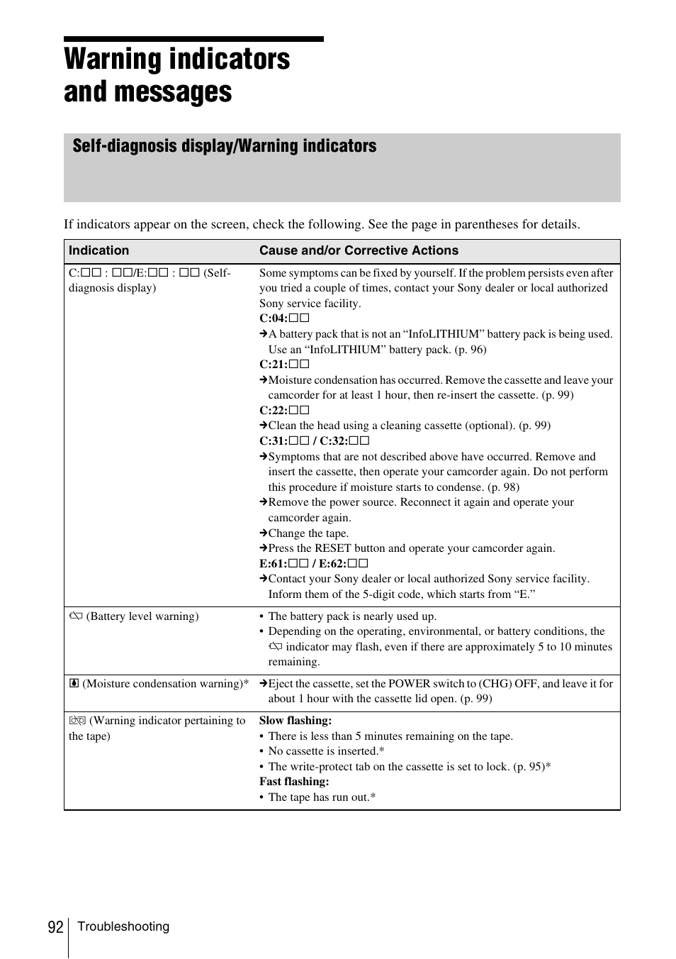 Warning indicators and messages, Self-diagnosis display/warning indicators | Sony CCD-TRV338 User Manual | Page 92 / 112