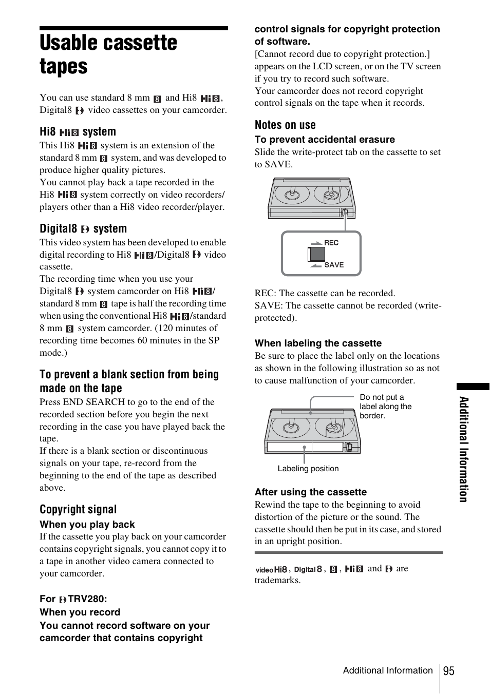 Usable cassette tapes, P. 95) | Sony CCD-TRV338 User Manual | Page 95 / 112