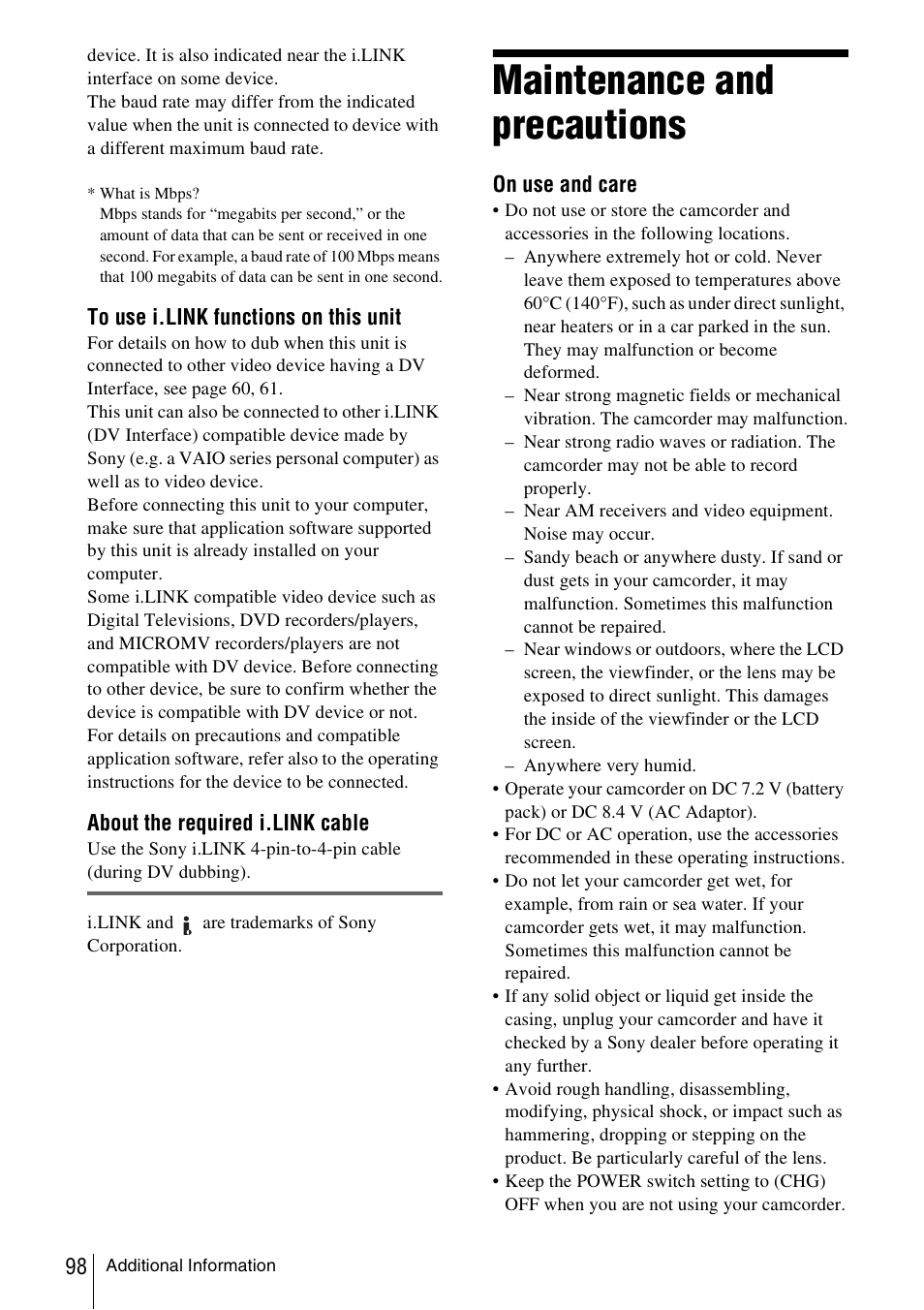 Maintenance and precautions, P. 98) | Sony CCD-TRV338 User Manual | Page 98 / 112