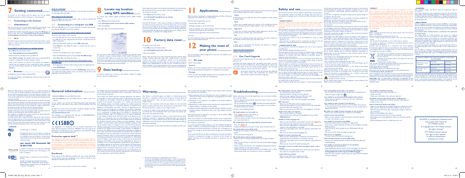 Locate my location, Using gps satellites, Data backup | General information, Factory data reset, Applications, Making the most of, Your phone, Warranty, Getting connected | Alcatel 906 User Manual | Page 2 / 2