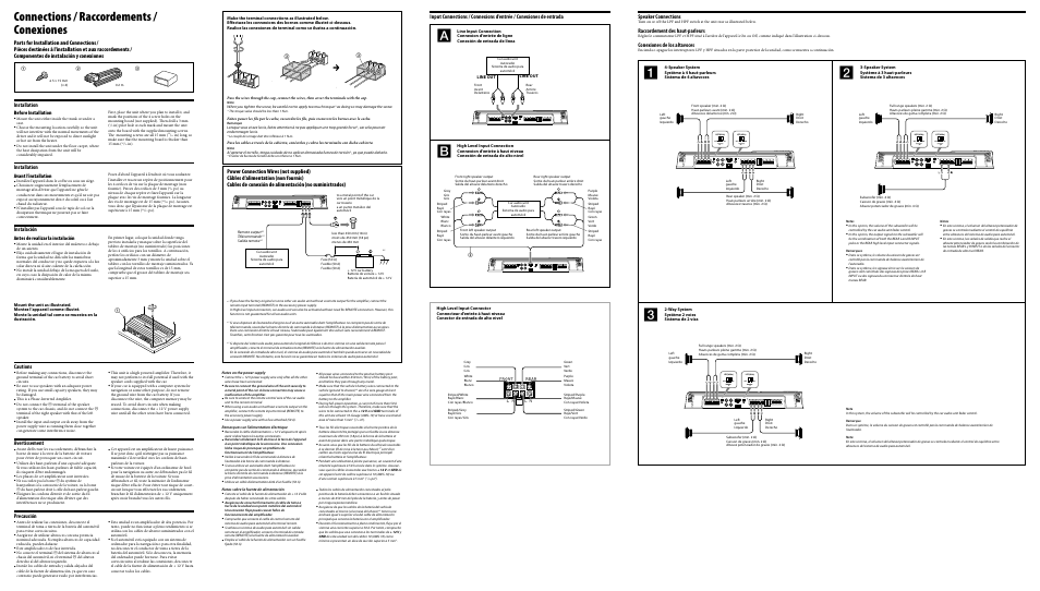 Connections / raccordements / conexiones, Speaker connections, Raccordement des haut-parleurs | Conexiones de los altavoces, Installation, Instalación, Cautions, Avertissement, Precaución, Before installation | Sony XM-GTX6040 User Manual | Page 2 / 2