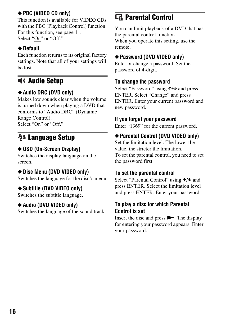 Audio setup, Language setup, Parental control | Sony DVP-FX980 User Manual | Page 16 / 28