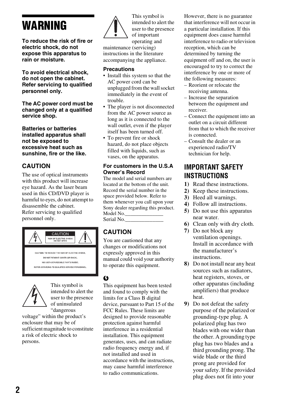 Warning, Important safety instructions | Sony DVP-FX980 User Manual | Page 2 / 28