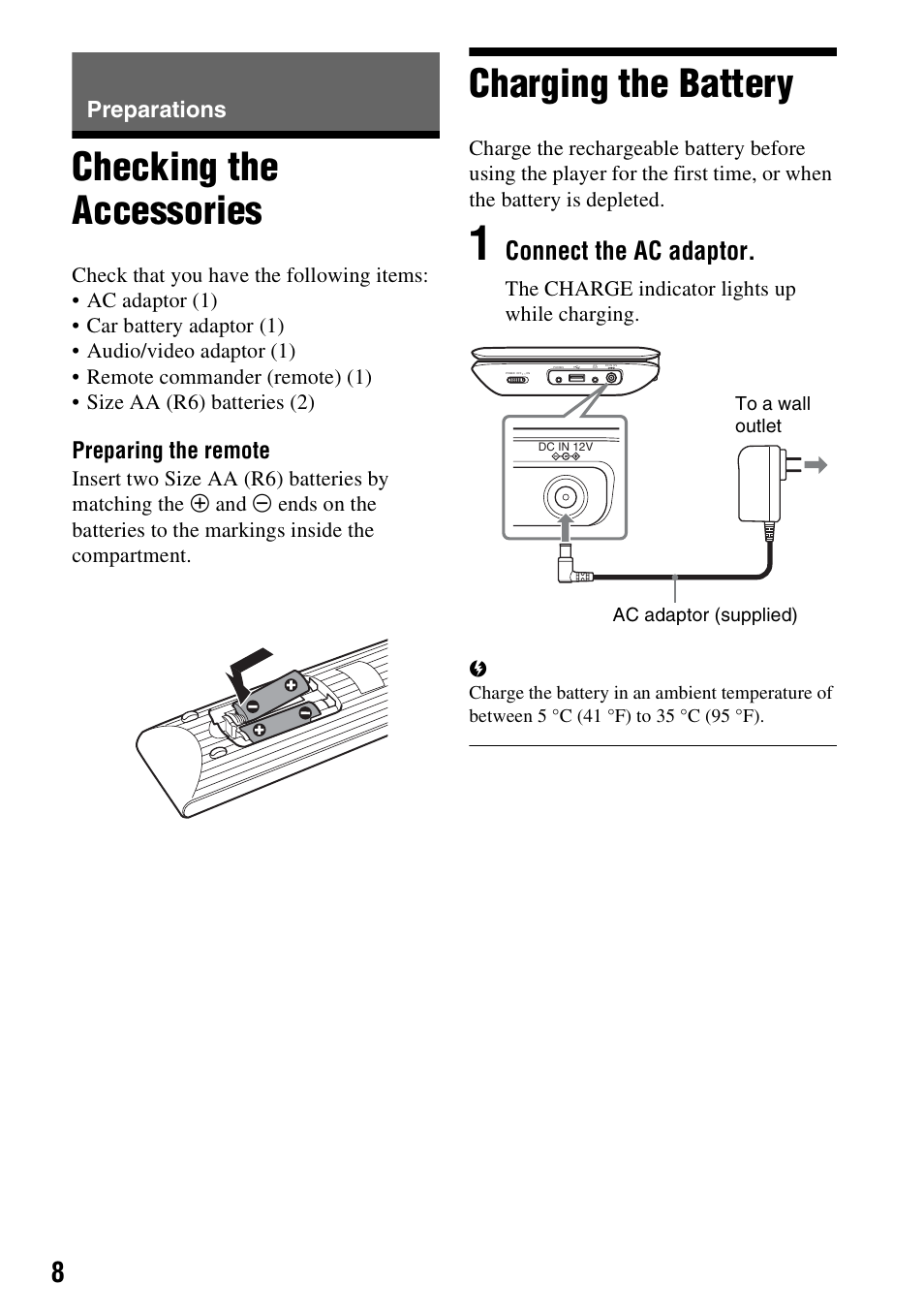 Preparations, Checking the accessories, Charging the battery | Checking the accessories charging the battery, Connect the ac adaptor, Preparing the remote | Sony DVP-FX980 User Manual | Page 8 / 28