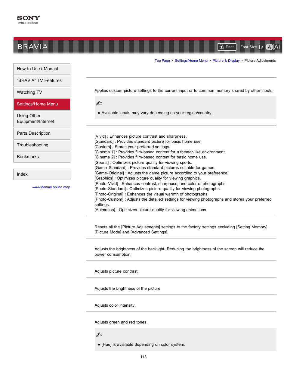 Motionflow, Picture settings, Picture adjustments | Sony KDL-55EX720 User Manual | Page 118 / 172