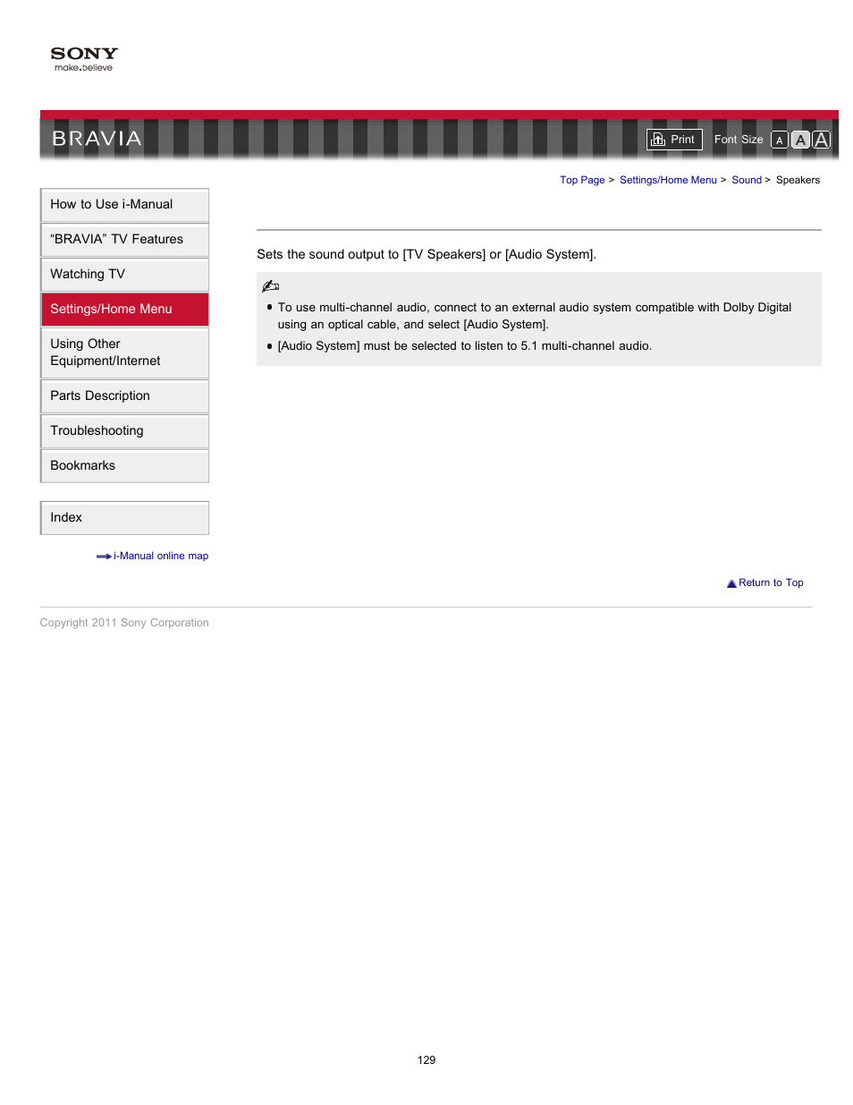 Speaker settings, Speakers | Sony KDL-55EX720 User Manual | Page 129 / 172