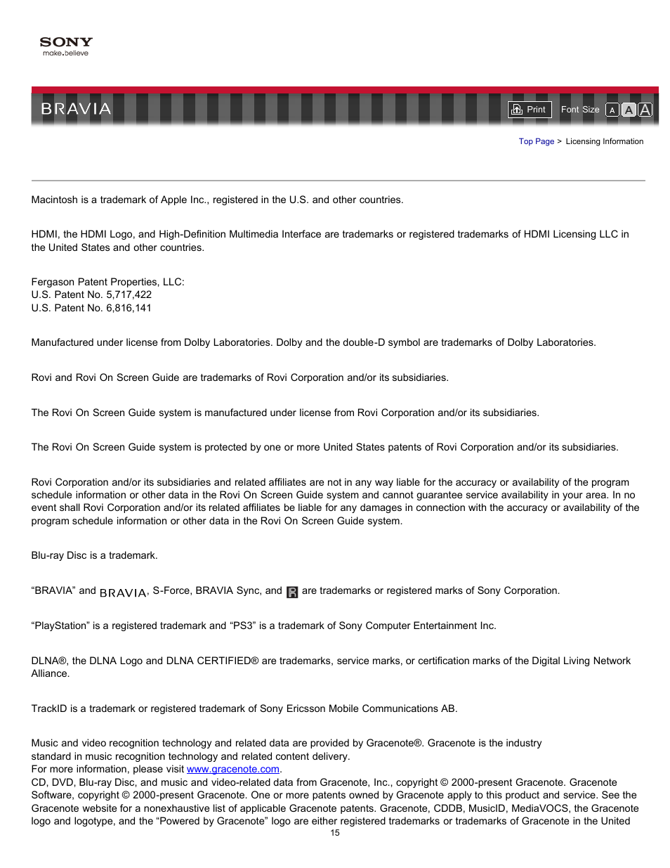 Trademark information | Sony KDL-55EX720 User Manual | Page 15 / 172