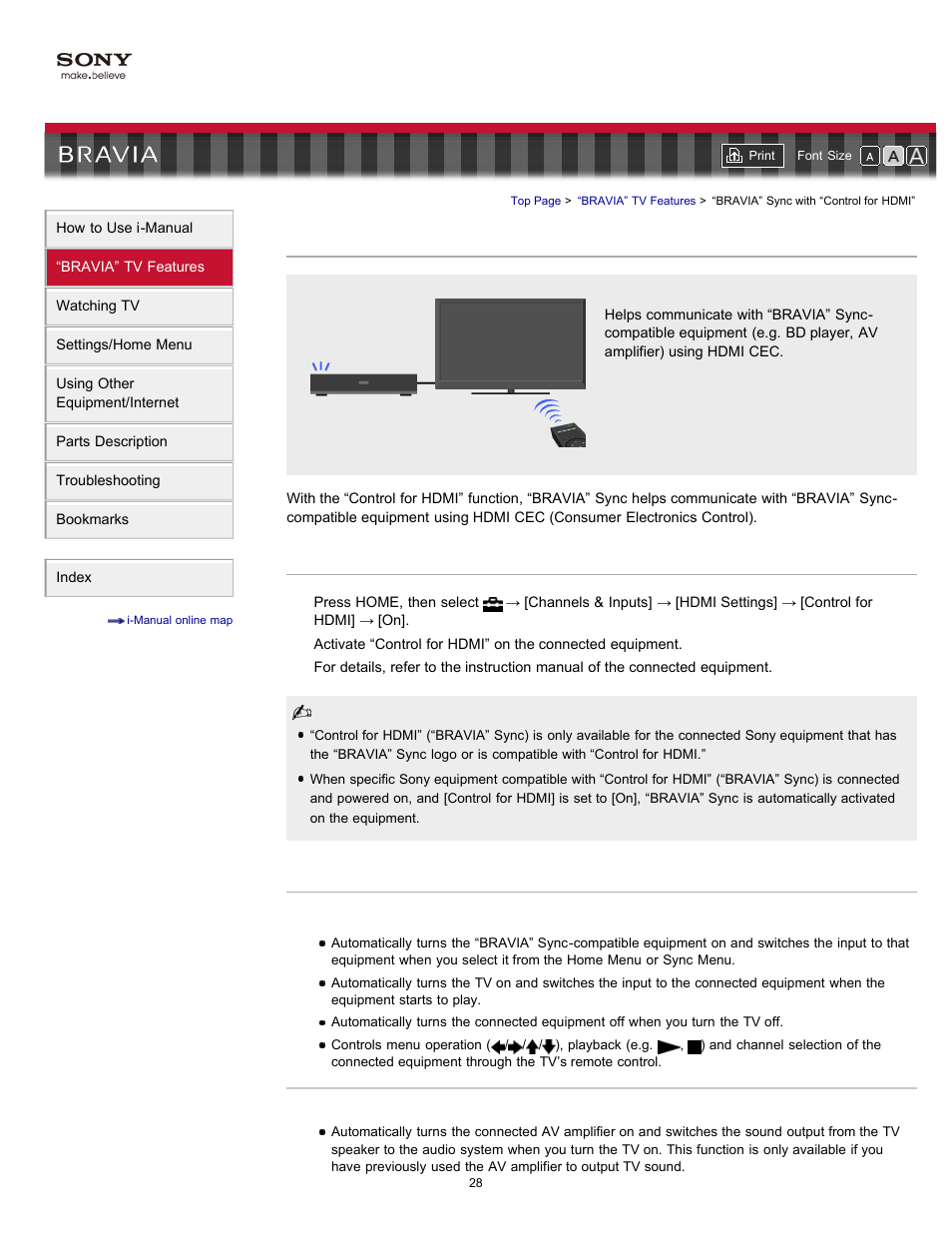 Bravia” sync with “control for hdmi, Bravia” sync-compatible equipment, Sync menu | Sony KDL-55EX720 User Manual | Page 28 / 172