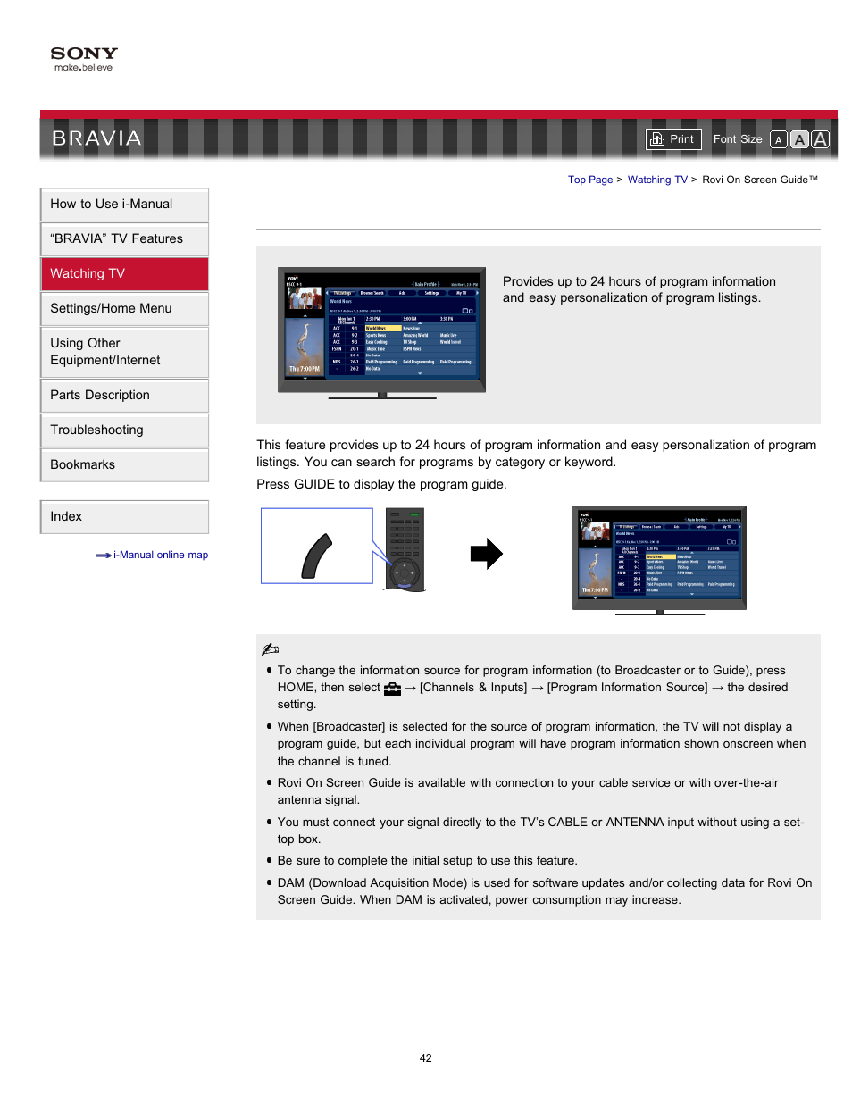 Rovi on screen guide, Guide | Sony KDL-55EX720 User Manual | Page 42 / 172