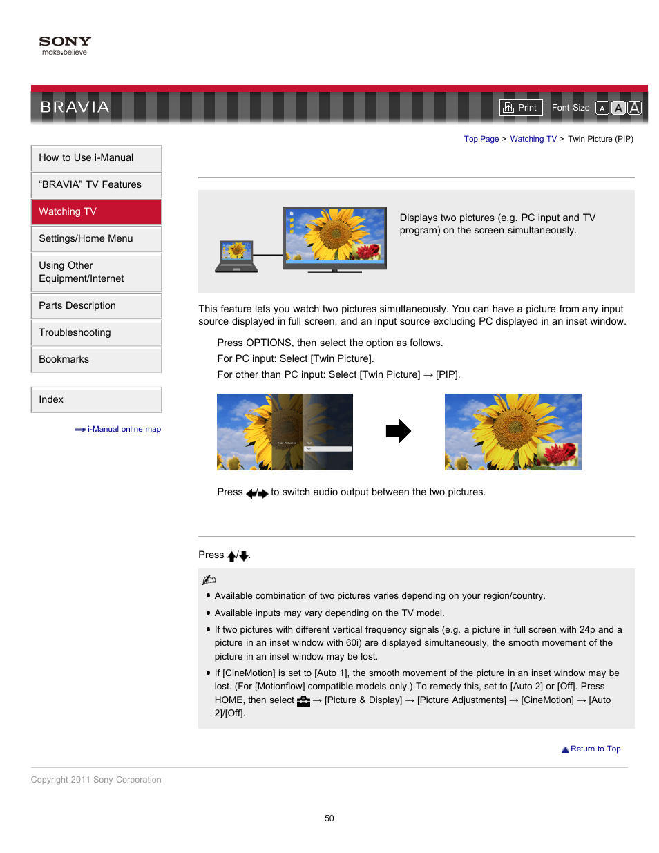 Twin picture (pip), Two picture display | Sony KDL-55EX720 User Manual | Page 50 / 172