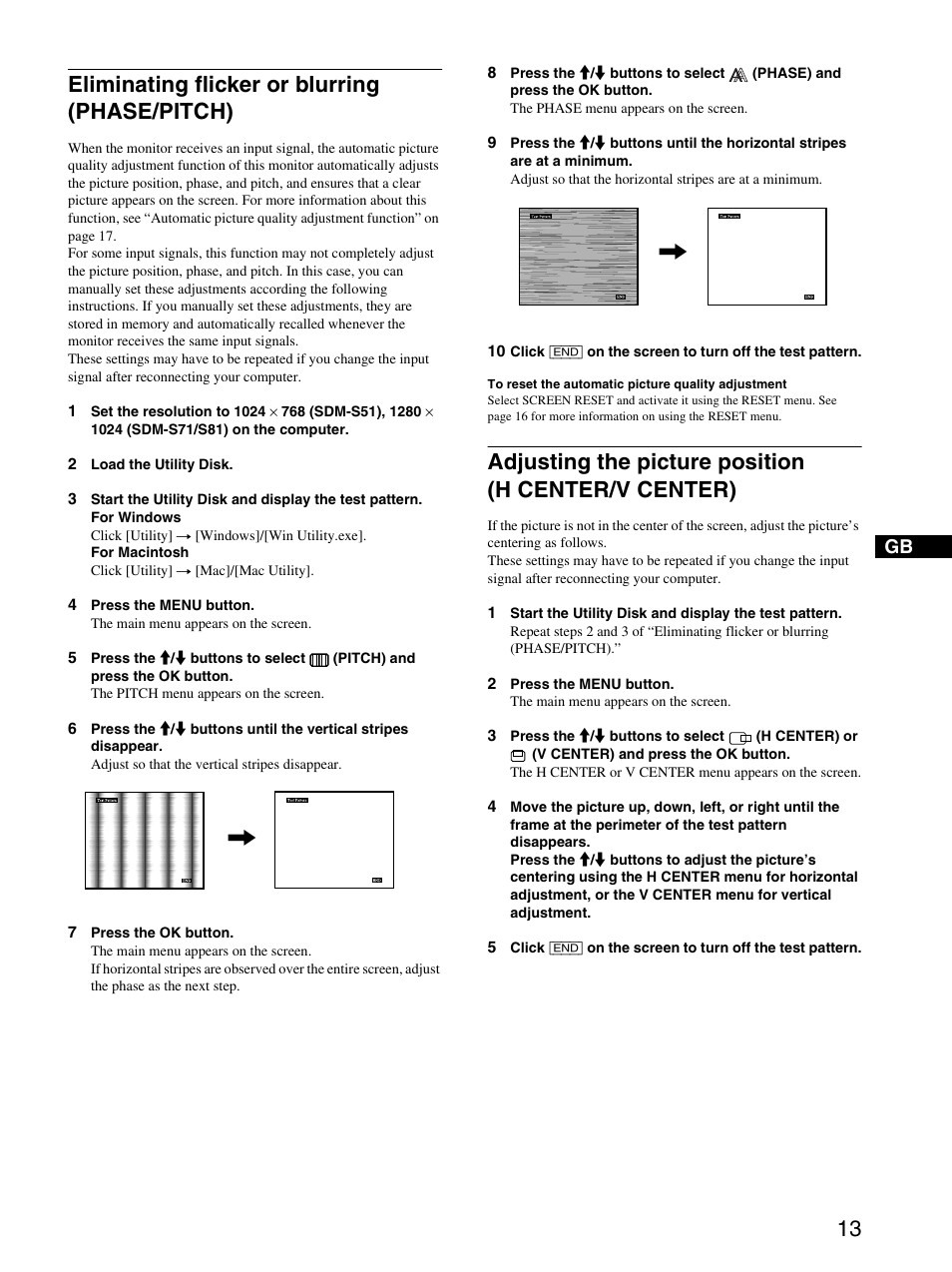 Eliminating flicker or blurring (phase/pitch), Adjusting the picture position (hcenter/v center), Phase | Pitch, Adjusting the picture position (h center/v center) | Sony SDM-S71 User Manual | Page 13 / 104