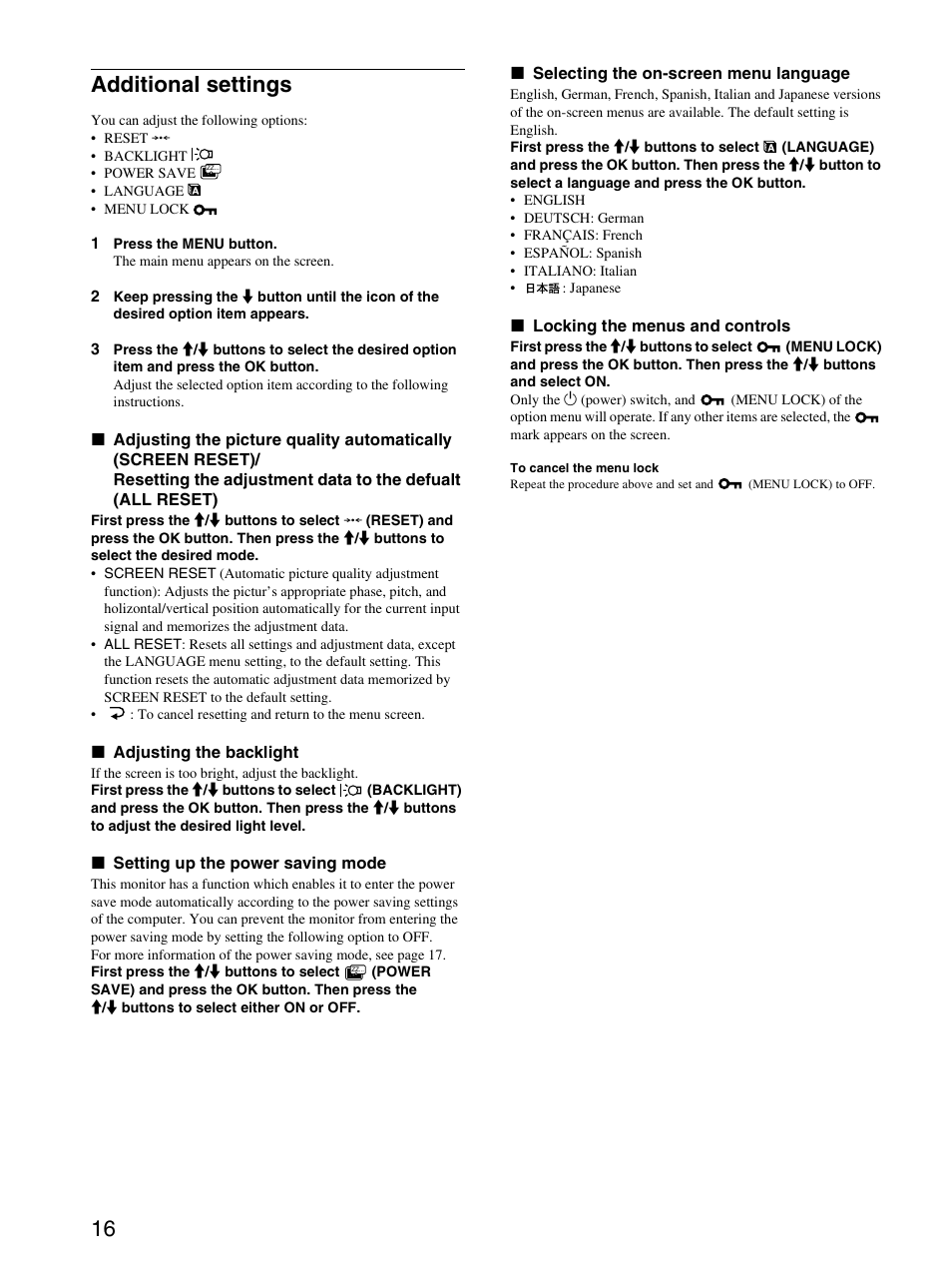 Additional settings, 16 additional settings | Sony SDM-S71 User Manual | Page 16 / 104