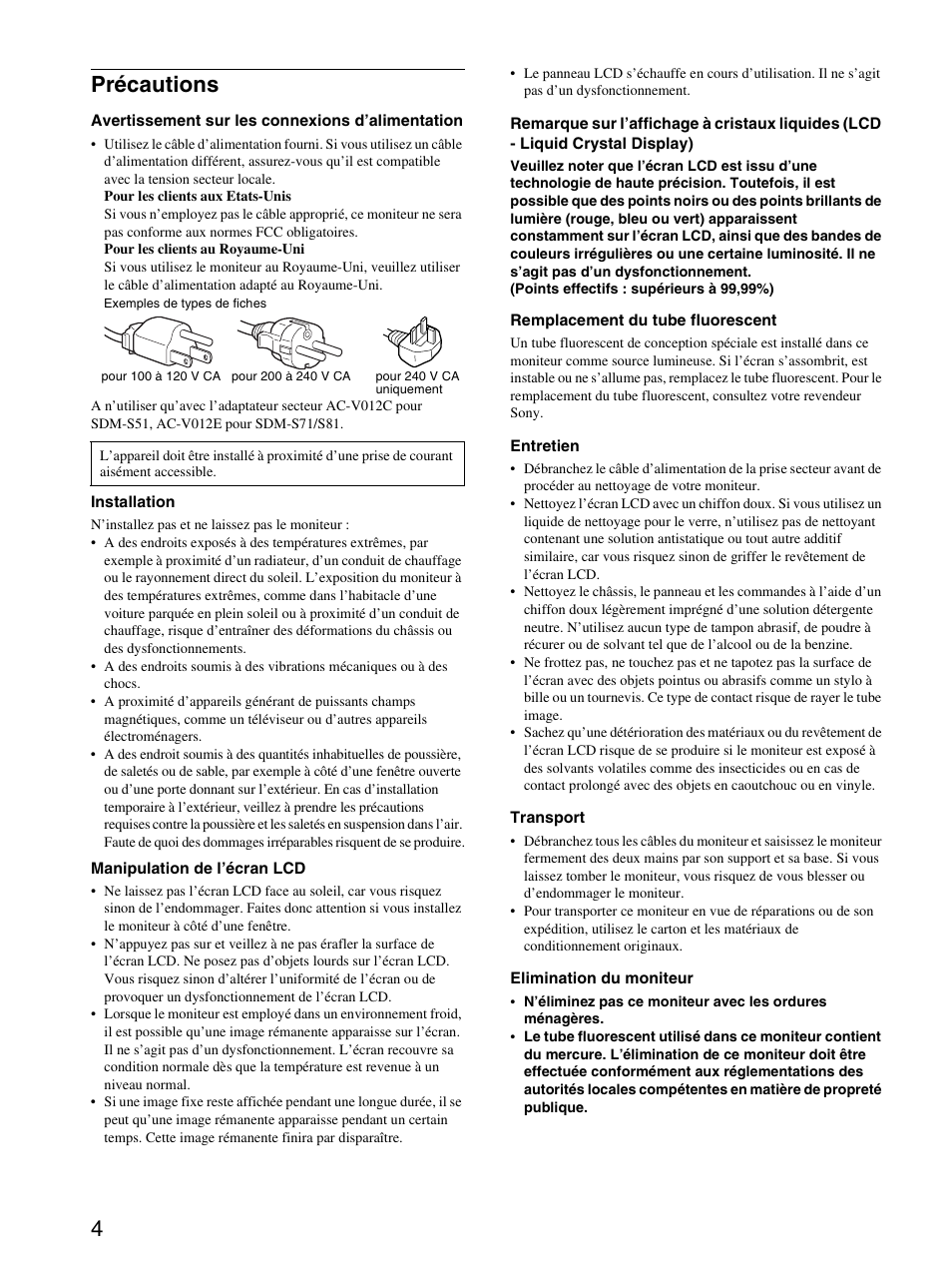 Précautions, 4précautions | Sony SDM-S71 User Manual | Page 24 / 104