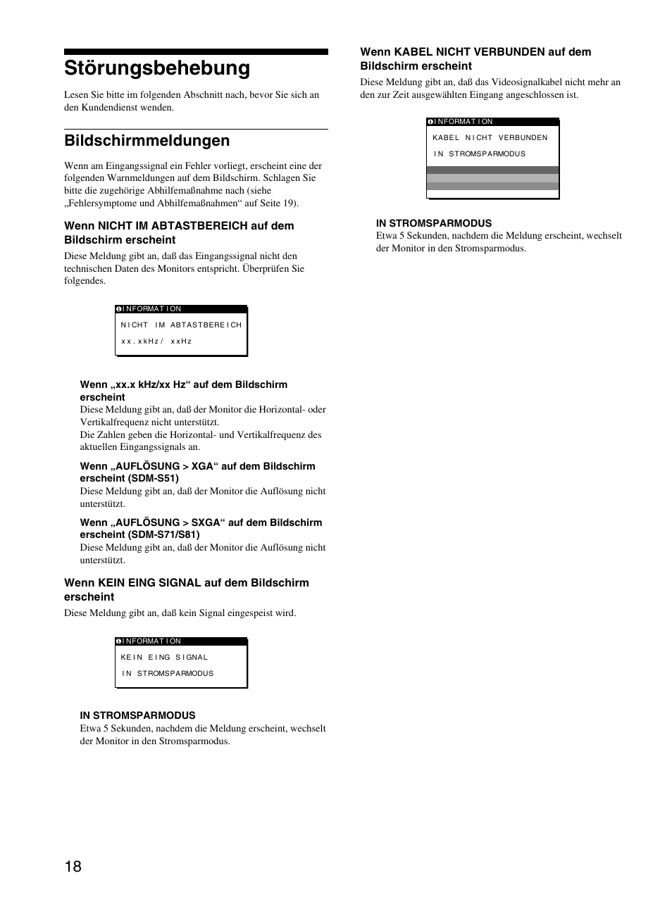 Störungsbehebung, Bildschirmmeldungen | Sony SDM-S71 User Manual | Page 58 / 104