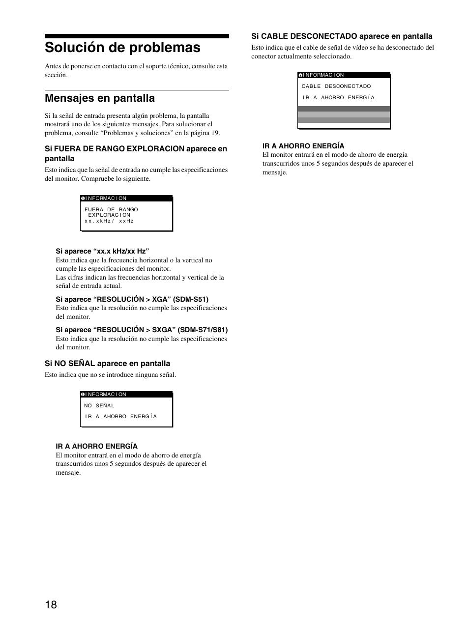 Solución de problemas, Mensajes en pantalla | Sony SDM-S71 User Manual | Page 78 / 104