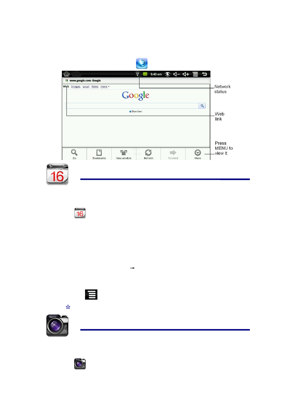 15 browser, 16 calendar, Add event | 17 camera | Alcatel ID702WTA User Manual | Page 14 / 29