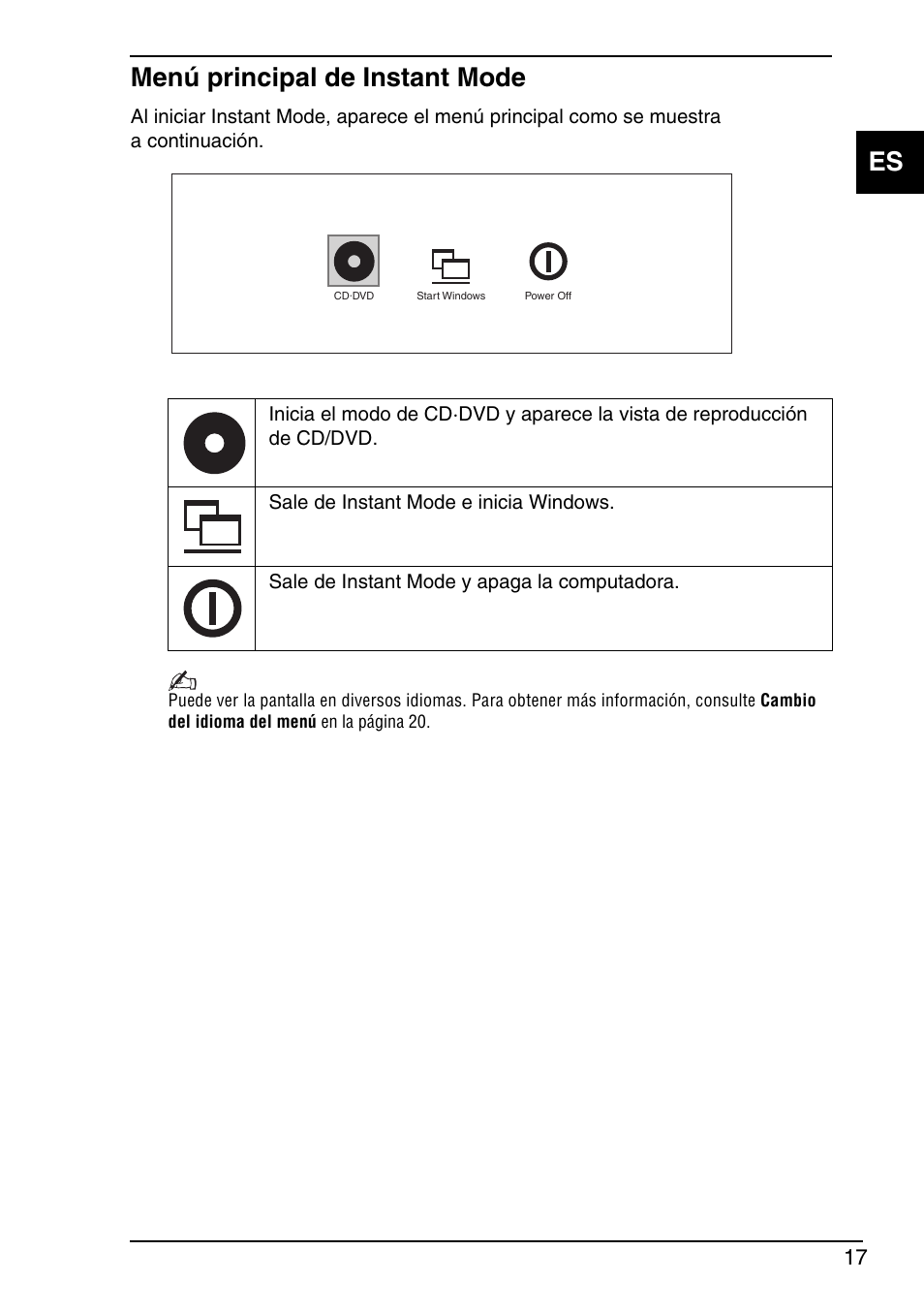 Menú principal de instant mode, Es menú principal de instant mode | Sony VGN-TXN19P User Manual | Page 19 / 40