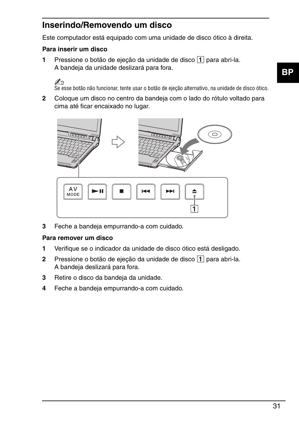 Inserindo/removendo um disco, Bp inserindo/removendo um disco | Sony VGN-TXN19P User Manual | Page 33 / 40