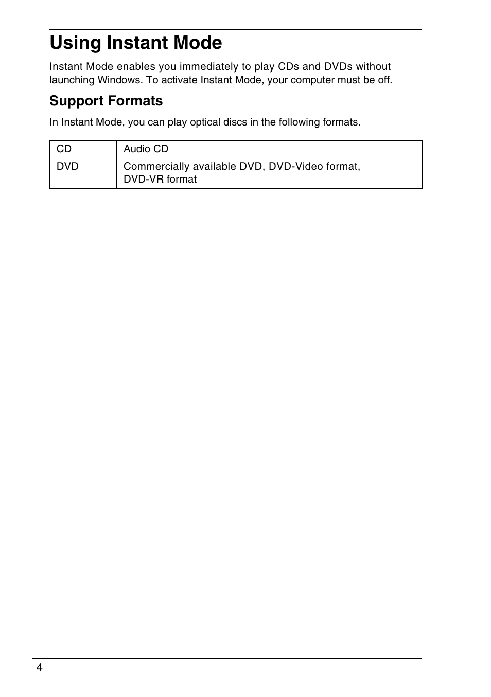 Using instant mode, Support formats | Sony VGN-TXN19P User Manual | Page 6 / 40