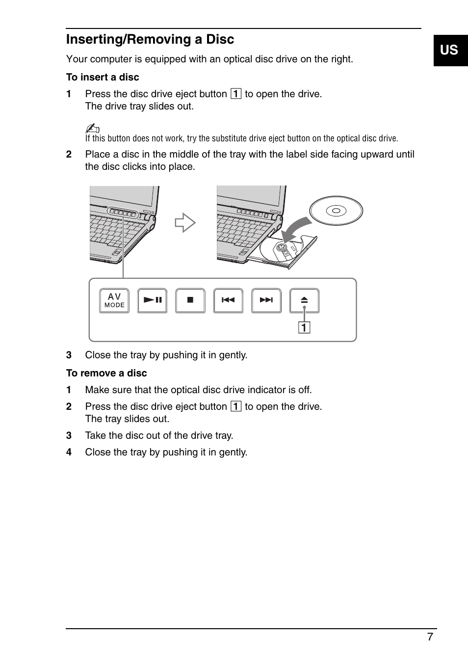 Inserting/removing a disc, Us inserting/removing a disc | Sony VGN-TXN19P User Manual | Page 9 / 40