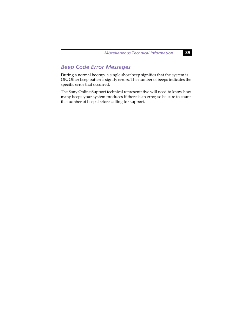 Beep code error messages | Sony PCV-R558DS User Manual | Page 103 / 118