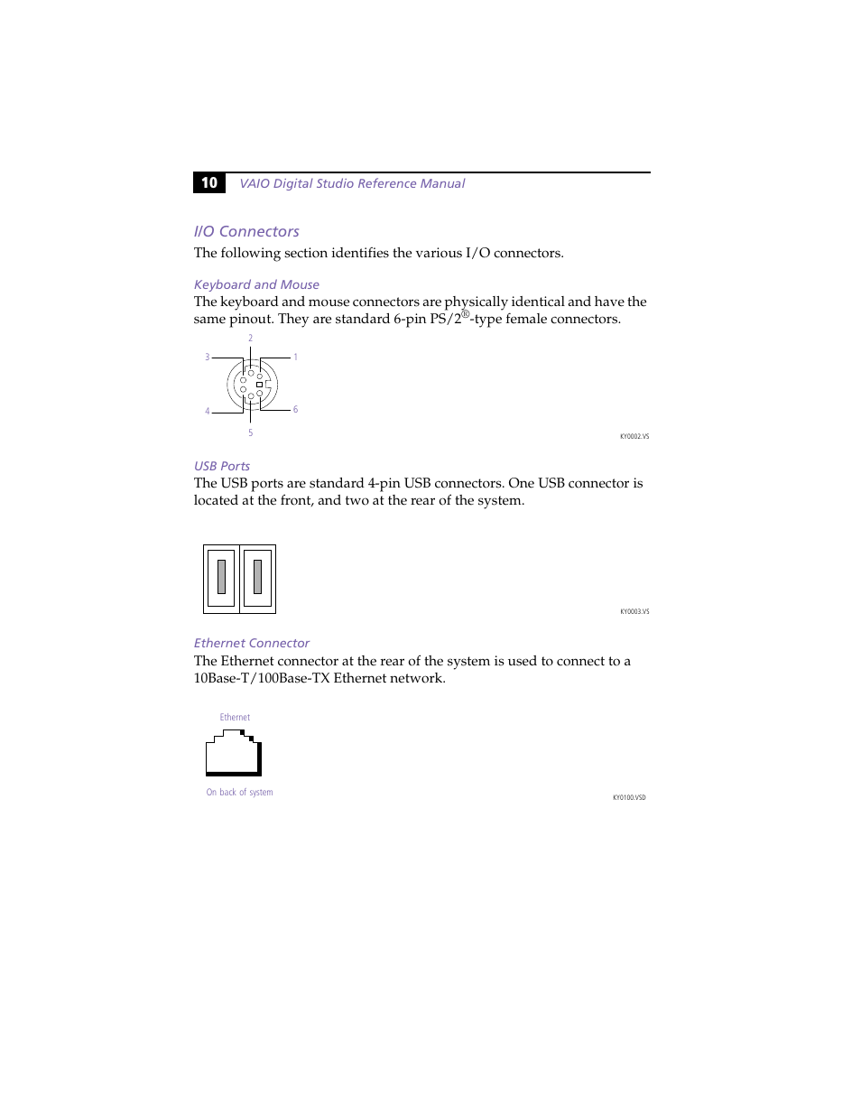 I/o connectors, Keyboard and mouse, Usb ports | Ethernet connector, 10 i/o connectors | Sony PCV-R558DS User Manual | Page 24 / 118